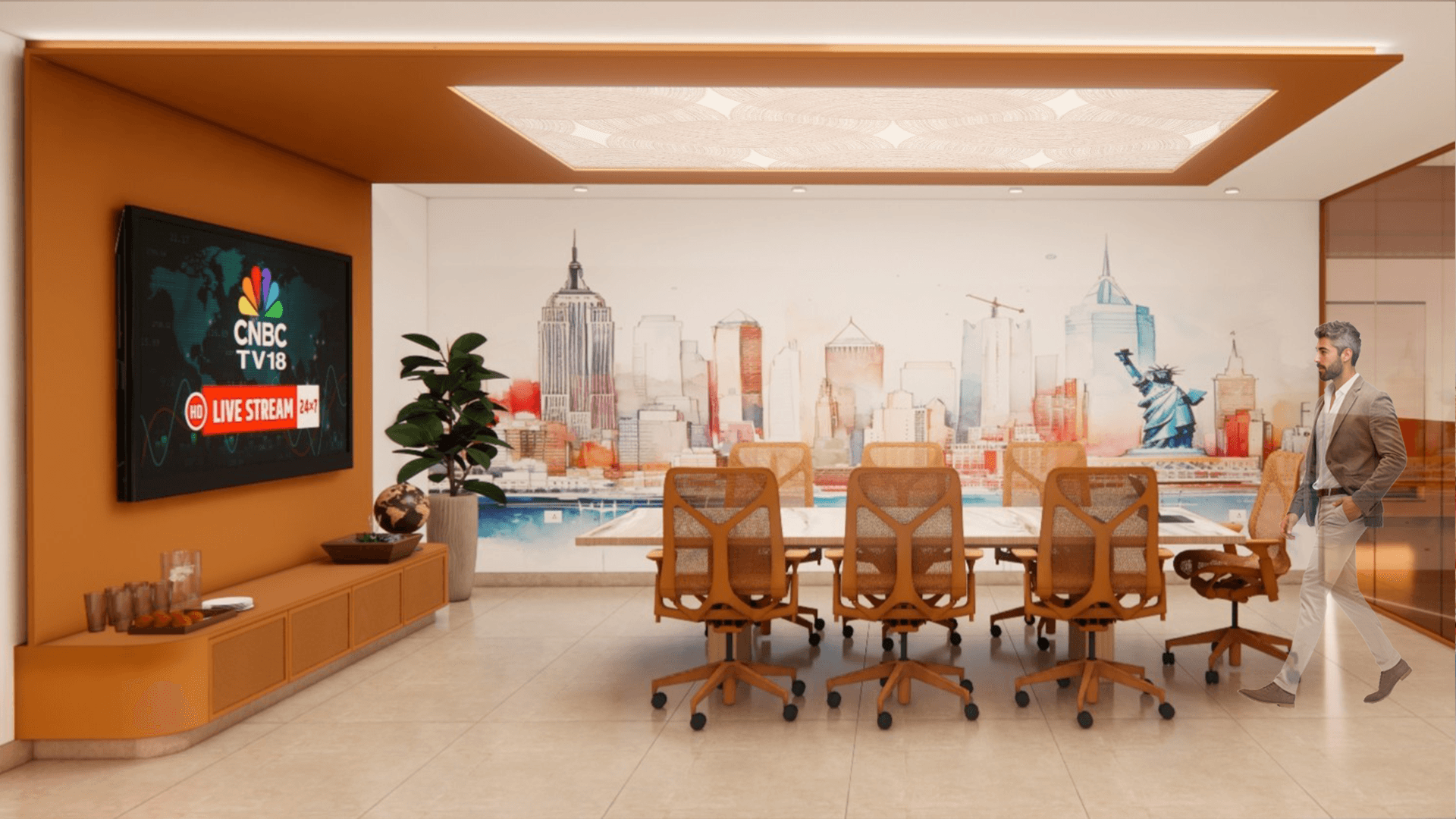 Futura + JHMC, P. Velur – conference room with feature ceiling and mural backdrop, designed by Rooted Narratives, Bengaluru.
