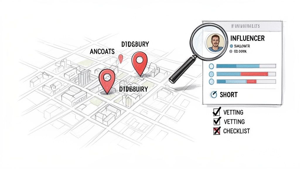 Digital map with Ancoats and Didsbury locations, alongside an influencer profile undergoing vetting and shortlisting.