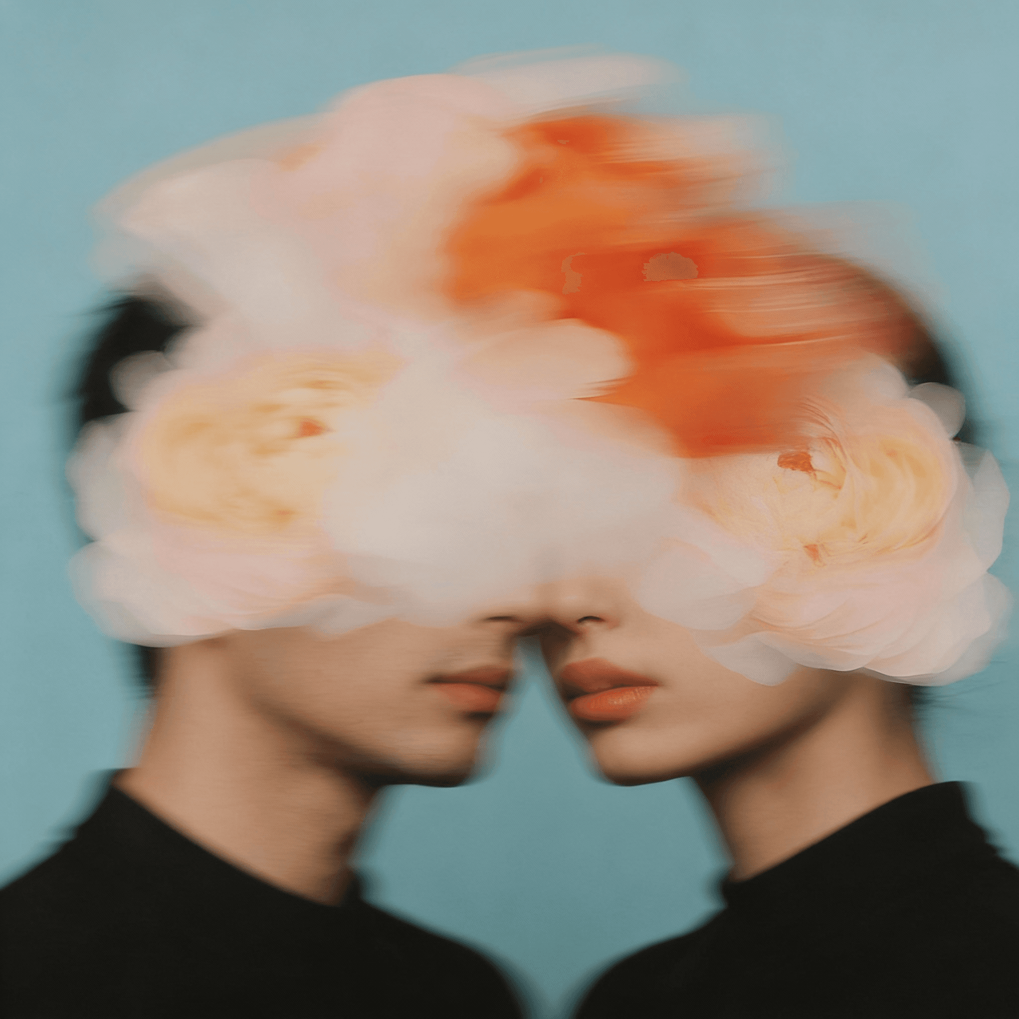 Abstract double portrait representing emotional distance and the process of reconnection in relationships.