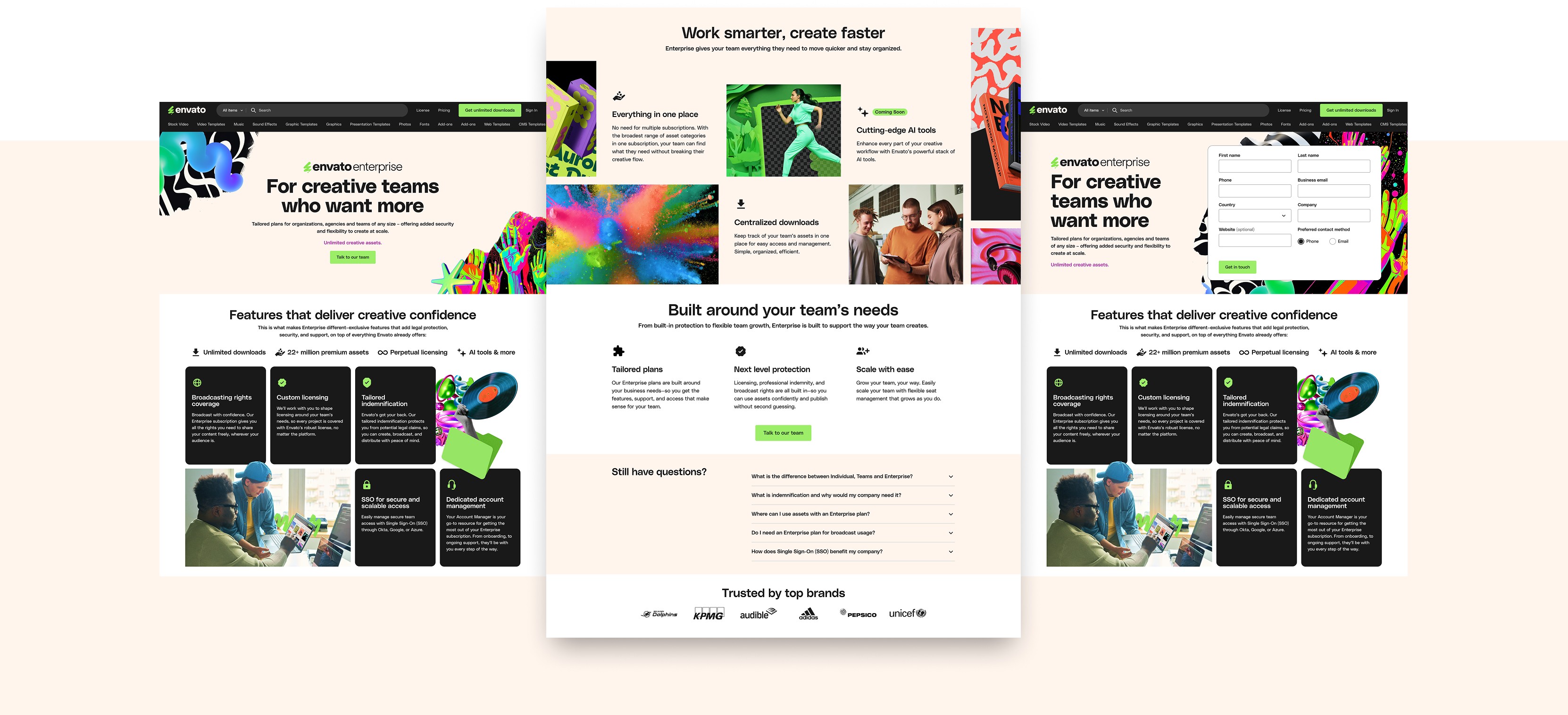 Envato Enterprise landing page displayed across multiple screens, showing the redesigned layout and feature sections.