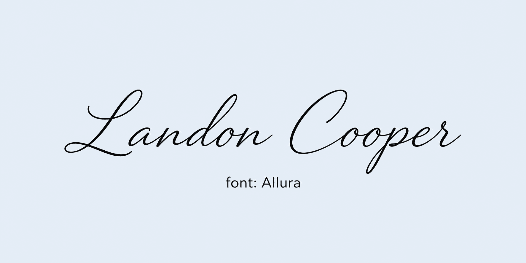 Sample name signed in a cursive signature font on a light background, with the font name labeled below.