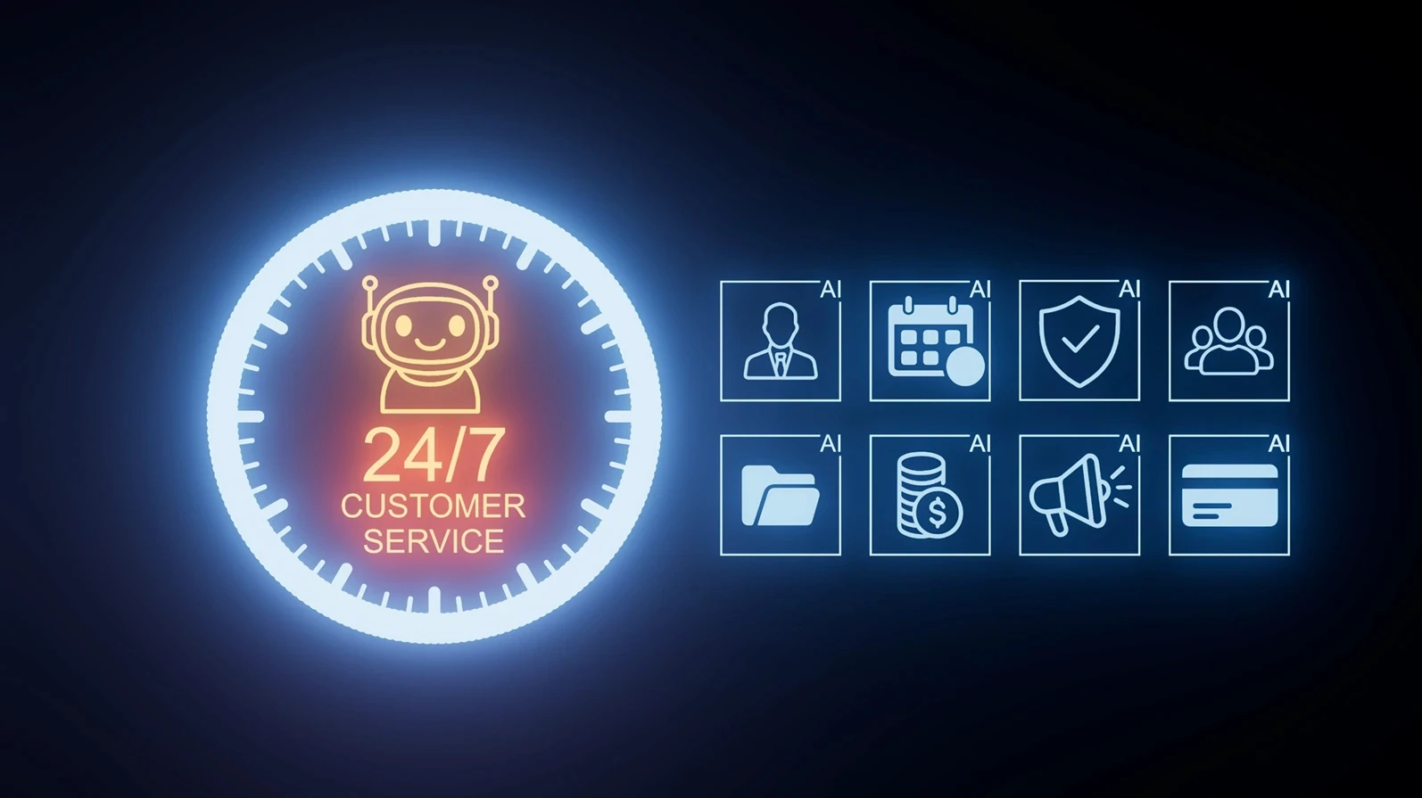 This visual showcases a digital display highlighting 24 7 customer service powered by artificial intelligence. It includes icons representing various services like scheduling, security, and support.