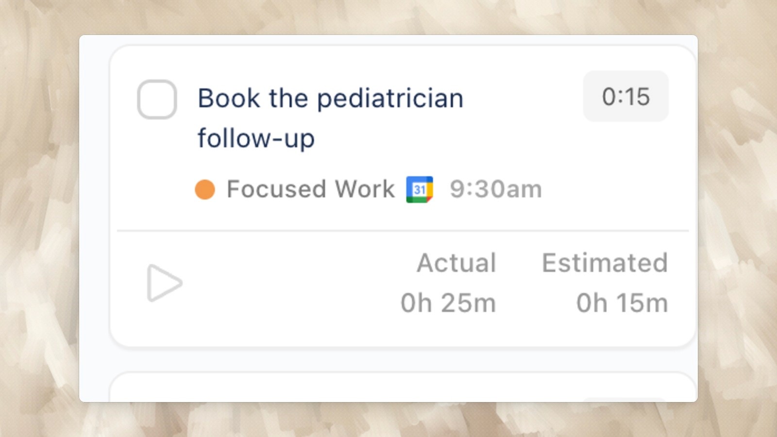 An Ellie demo task shows 15 minutes estimated and 25 minutes actual: useful feedback for the next plan.