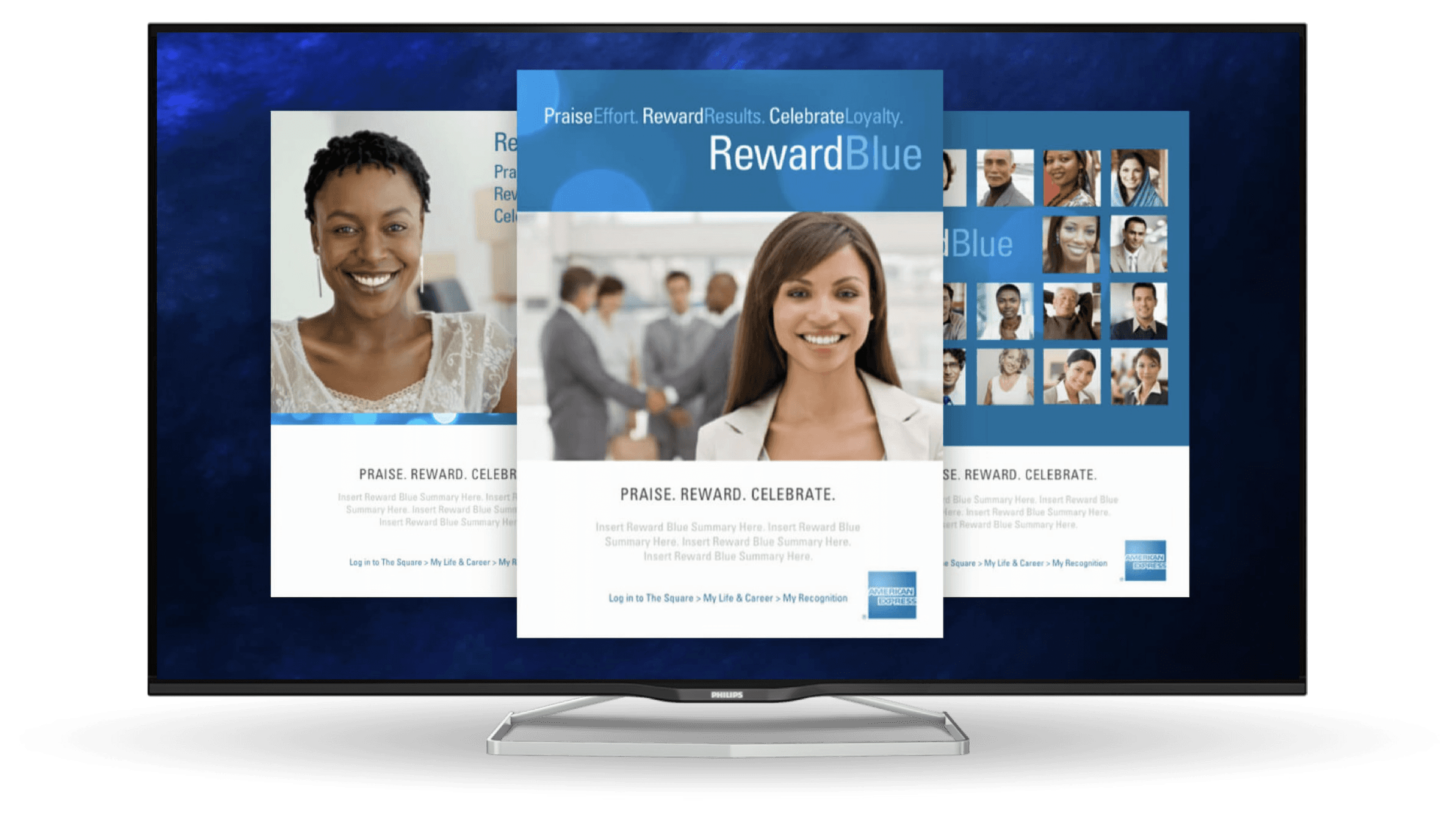 American Express Reward Blue intro video still frame on a flat-screen TV.