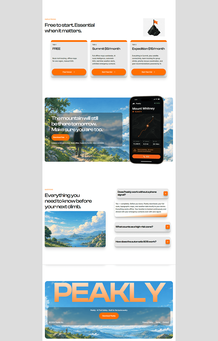 Landing page for Hiking tool SaaS