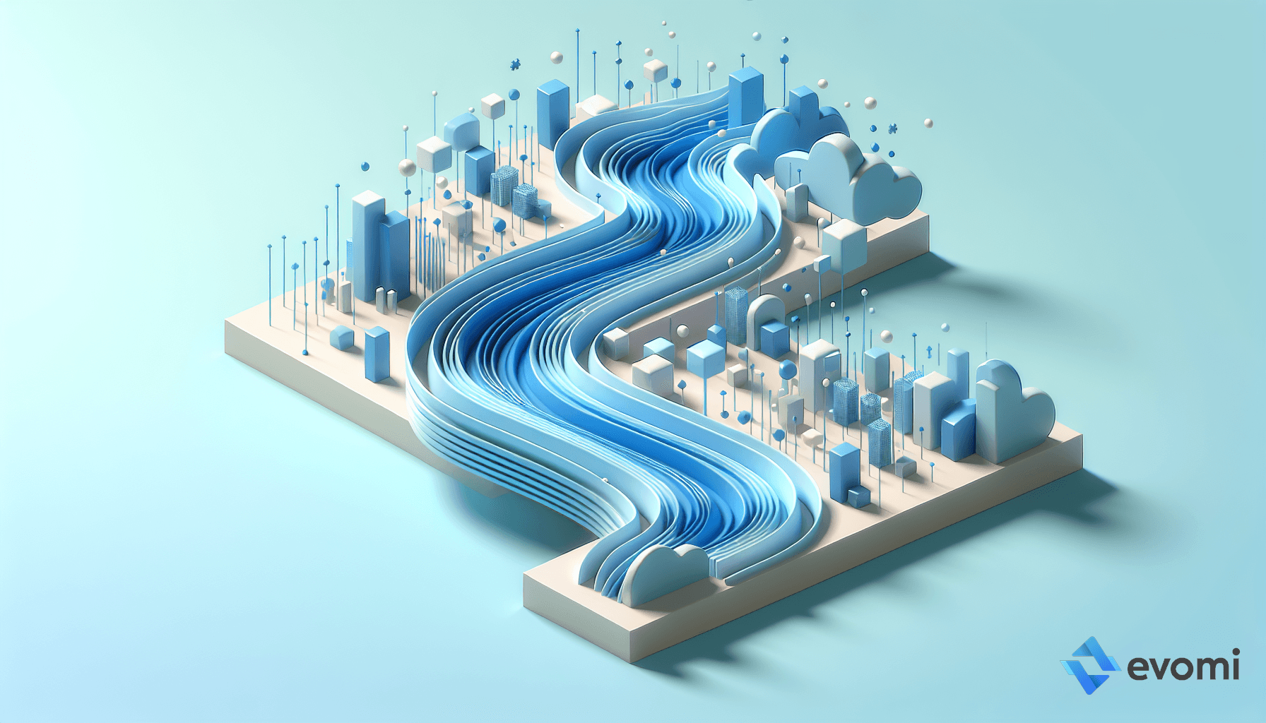  3D illustration of a digital river flowing through a city skyline made of stylized skyscrapers on a light blue background.