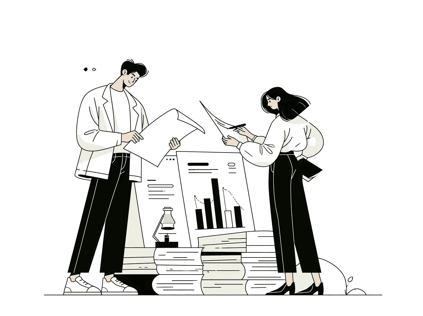 Line illustration of two people reviewing loose report pages beside a bar chart and stacks of ledgers