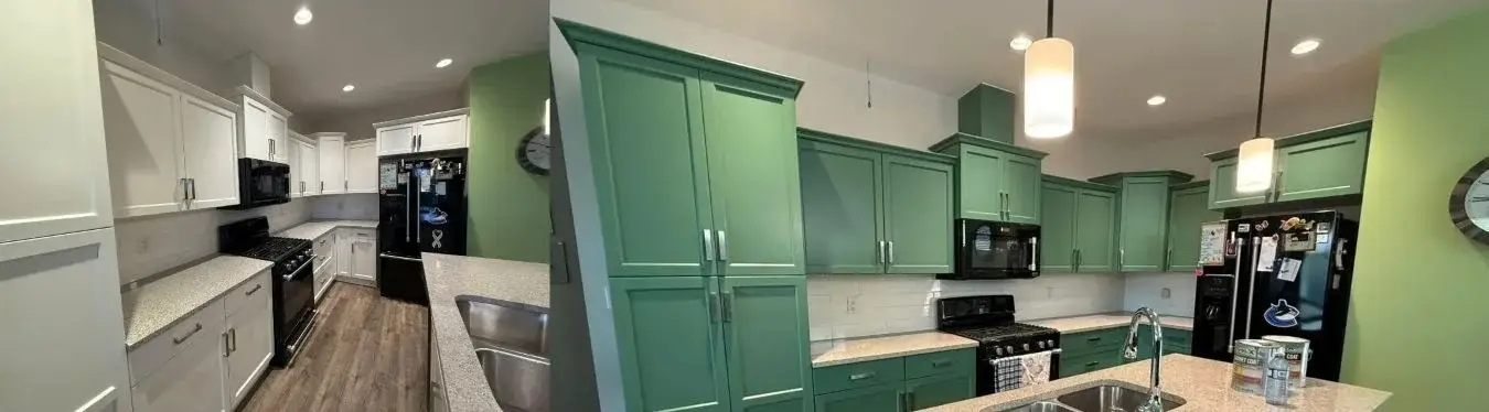 Modern white kitchen renovation featuring professional cabinet painting and refinishing services in Vancouver BC
