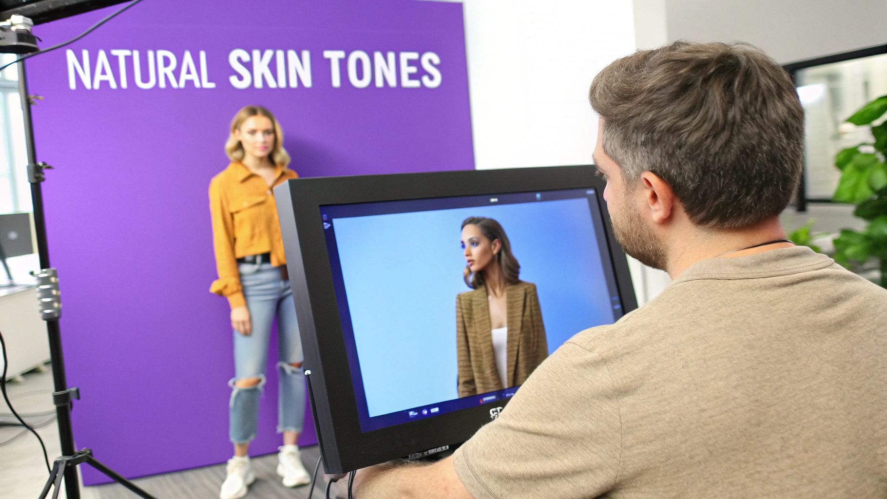 Professional photographer reviewing fashion model photos on monitor during commercial photoshoot with purple backdrop