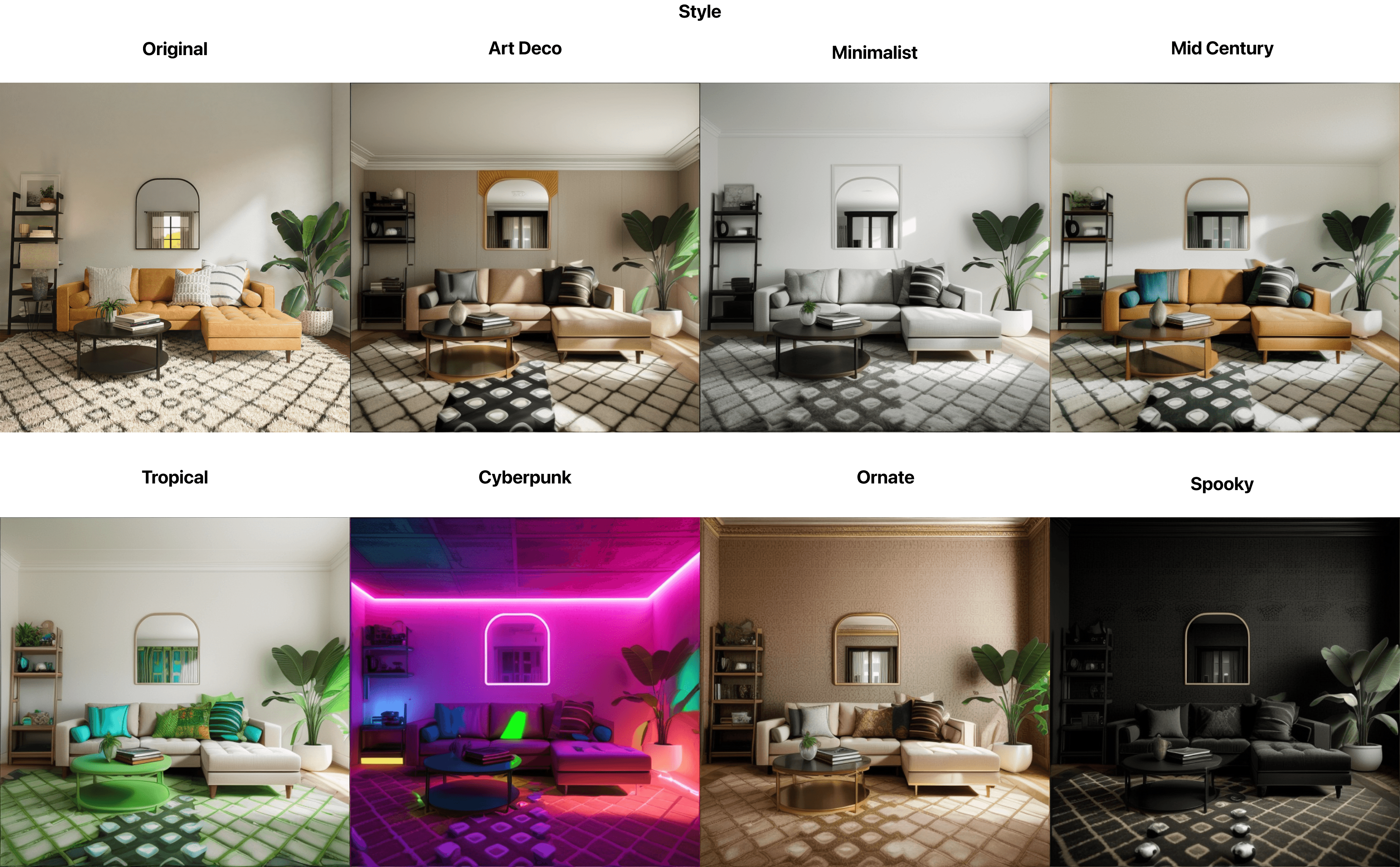 Different styles that Odyssey's AI interior design workflow can output