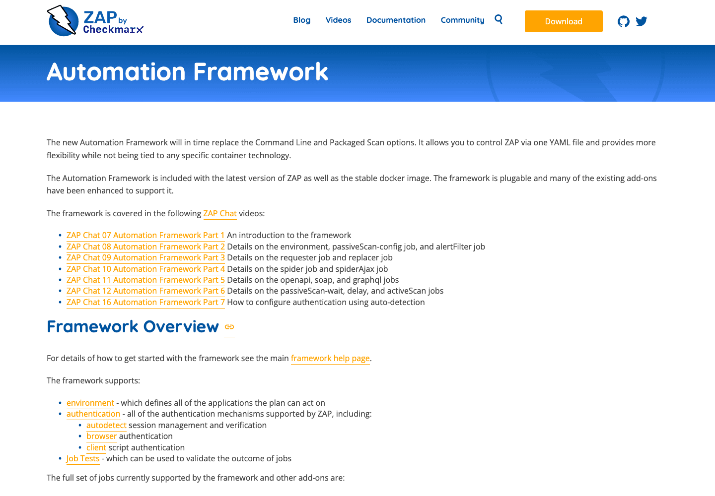 ZAP Automation Framework documentation showing YAML-based control, authentication support, and pluggable jobs