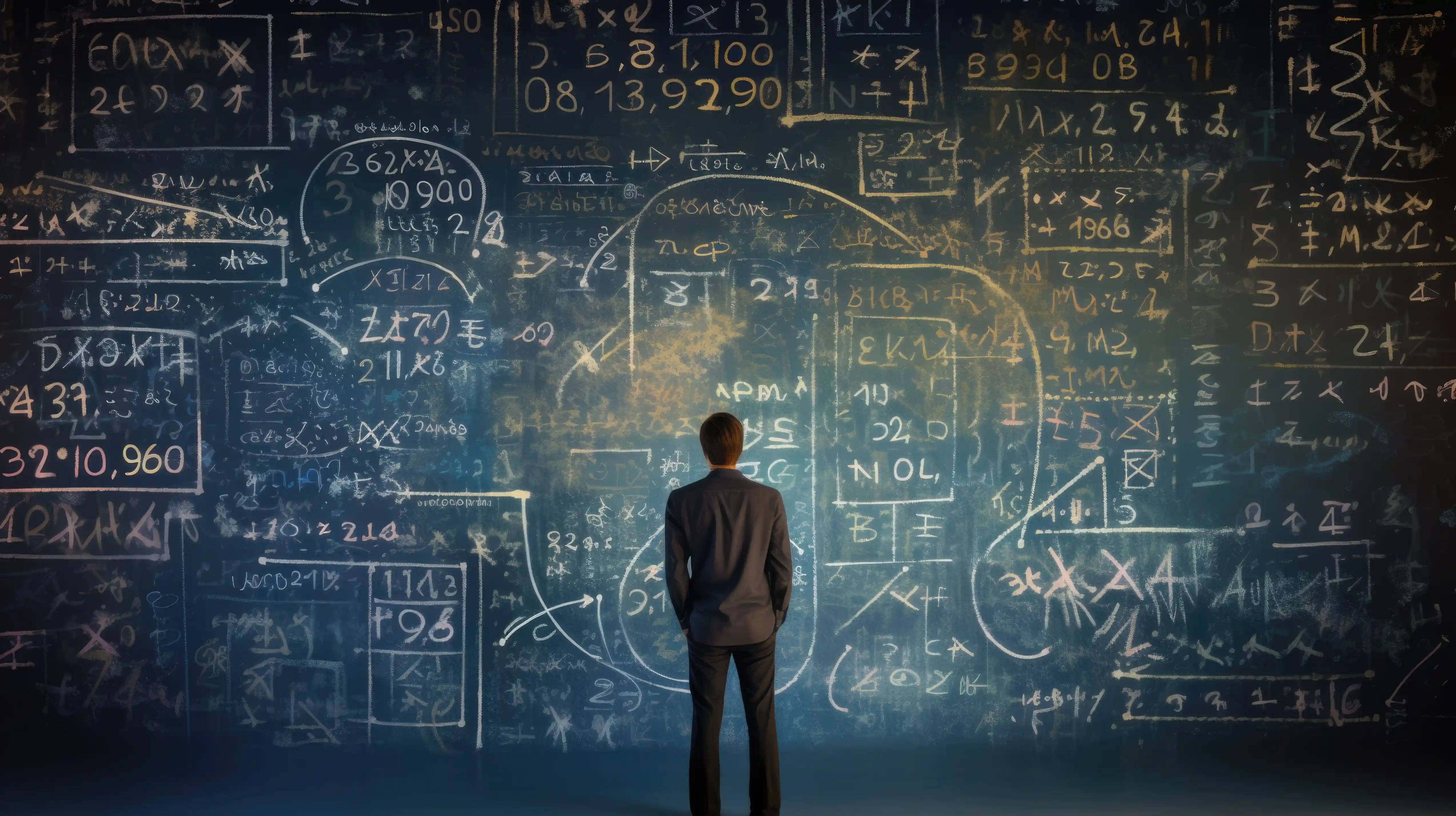 A man stands before a large chalkboard filled with complex mathematical formulas and diagrams.