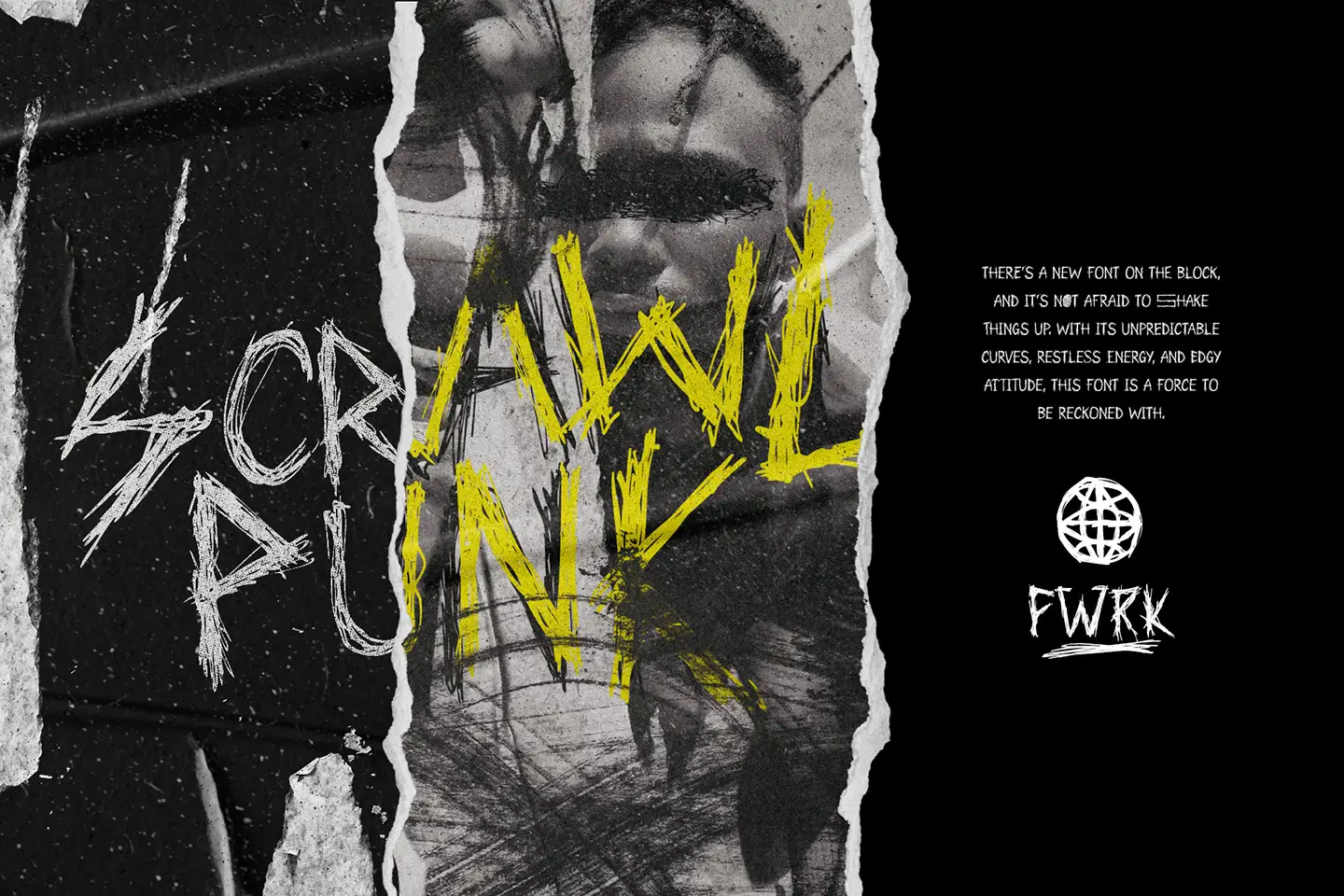 Edgy editorial design featuring the Scrawlpunk font with ripped paper textures and urban photography style