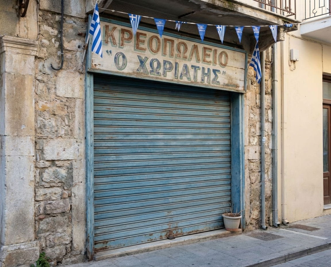 Greek butcher shop with shutters down, symbolizing temporary closure.