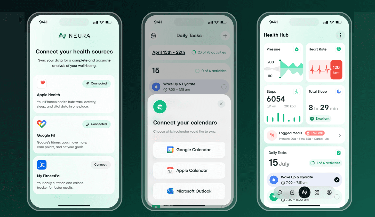 Neura app Daily Health Monitoring pages with various fitness metrics 