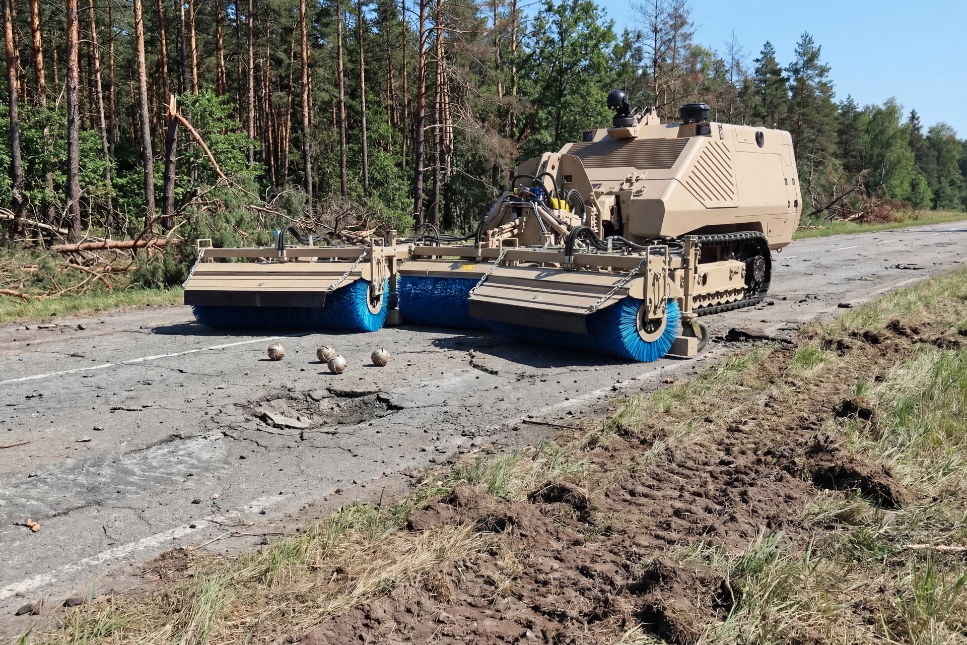 GCS-200 remote-controlled platform with sweeper attachment clearing submunitions from a damaged runway during airfield clearance operations.