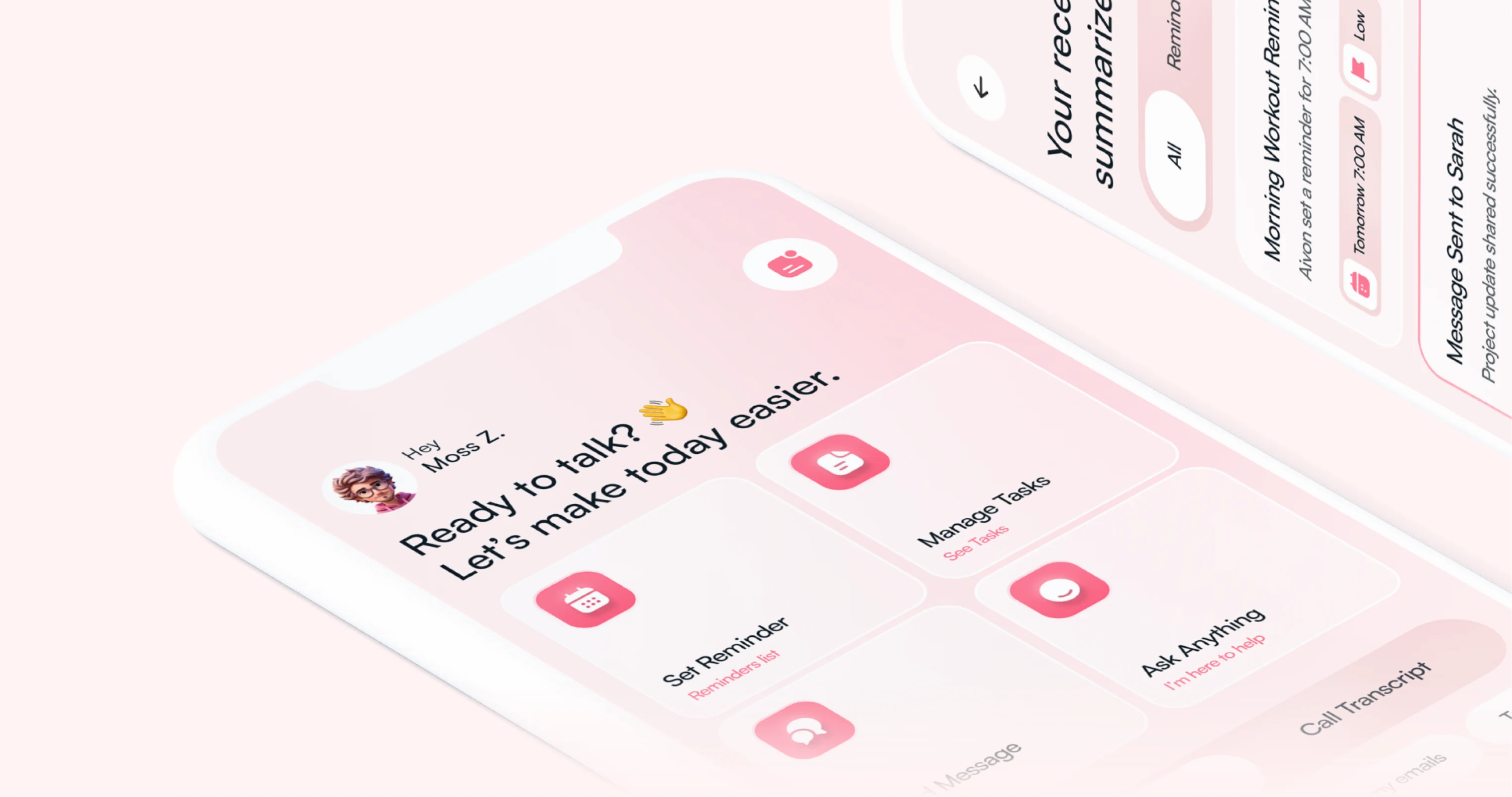 Smartphone UI showing AI voice assistant interface in pink and white tones