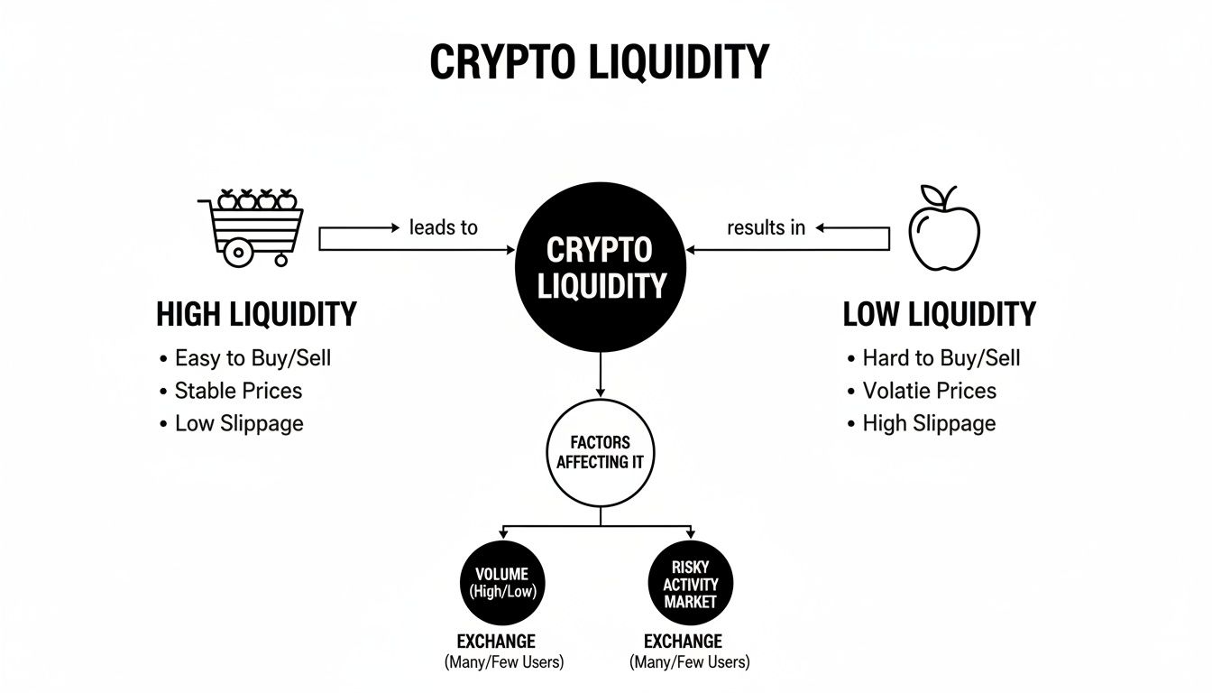 Infographic explaining crypto liquidity, its effects on price stability, trade, and influencing factors.