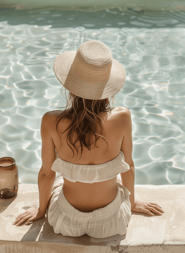 Woman in sun hat and white outfit sitting by poolside with clear water