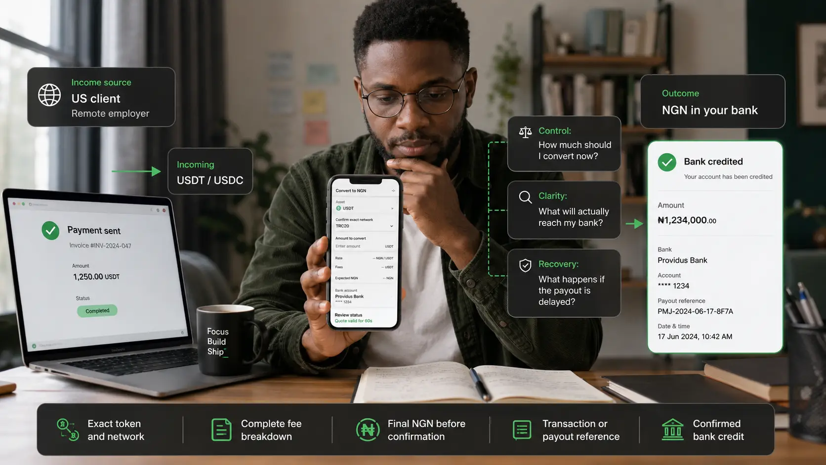 Nigerian freelancer reviewing the journey from stablecoin income to a confirmed naira bank credit