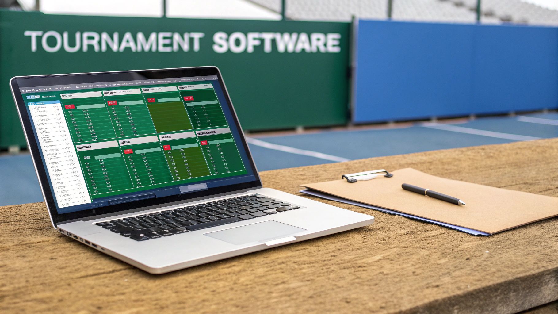 A laptop displaying tournament management software on a wooden surface next to a tennis court, with a clipboard and pen.