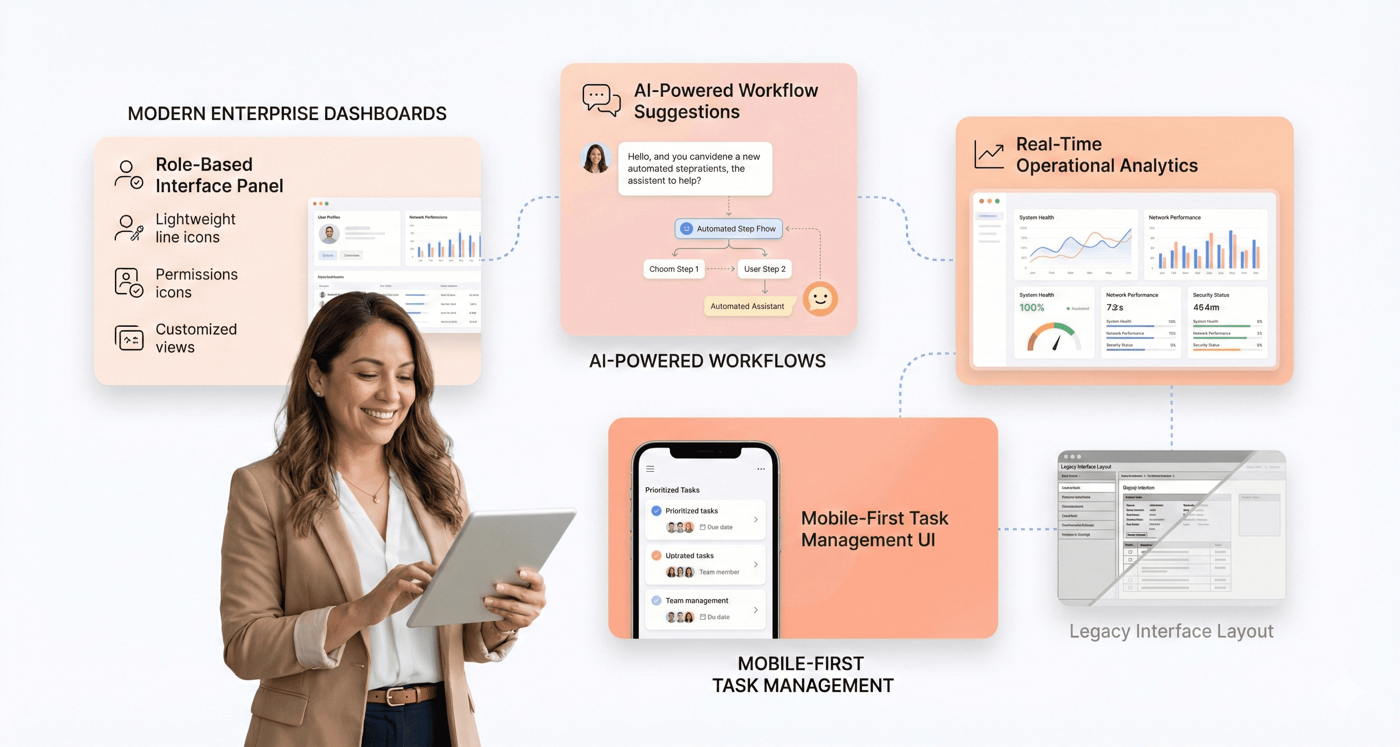 Enterprise IT leader reviewing AI-powered role-based dashboards that modernize legacy enterprise applications with real-time analytics and mobile-first workflow interfaces