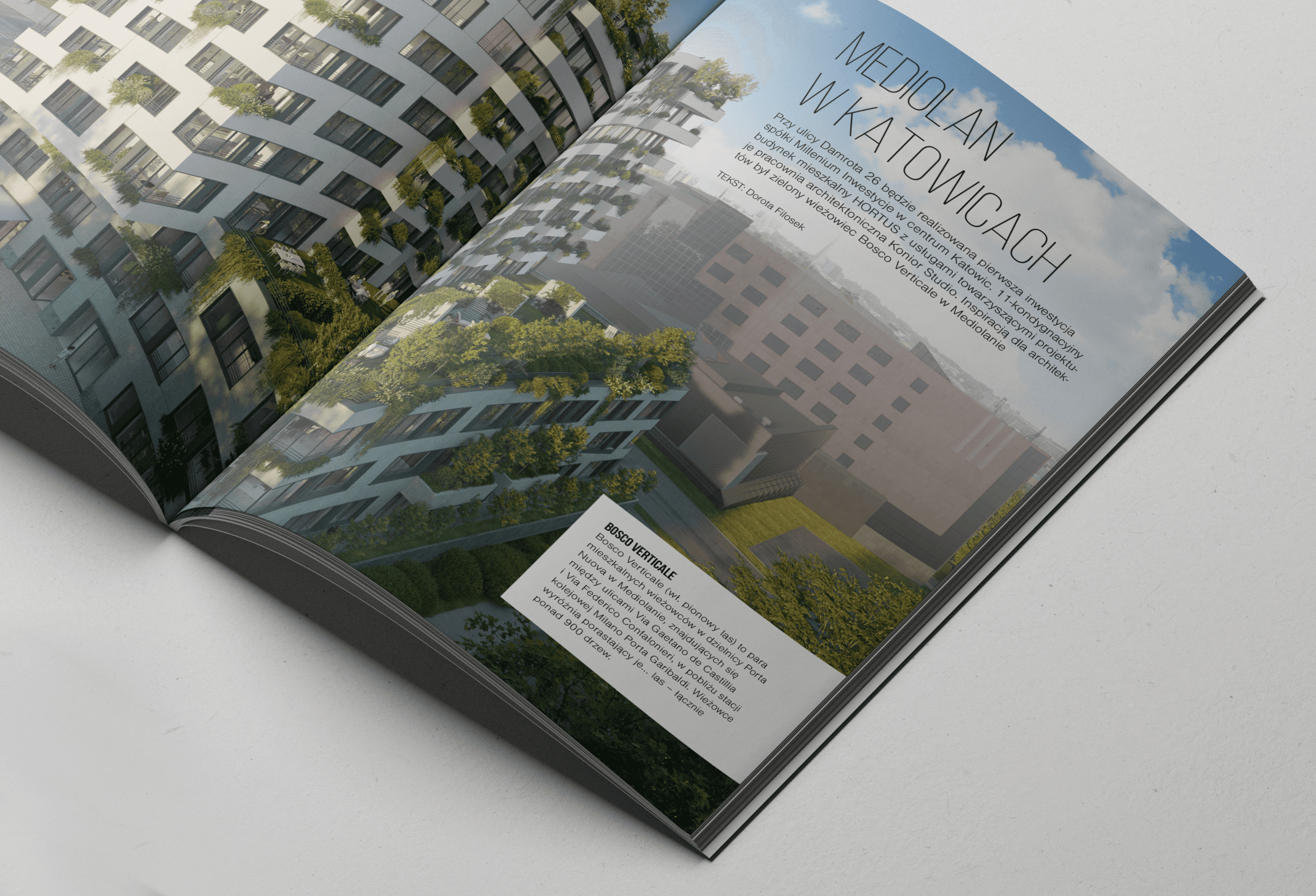 Wizualizacja budynku mieszkalnego "Mediolan w Katowicach" z zielonym dachem, widoczna w otwartej książce.