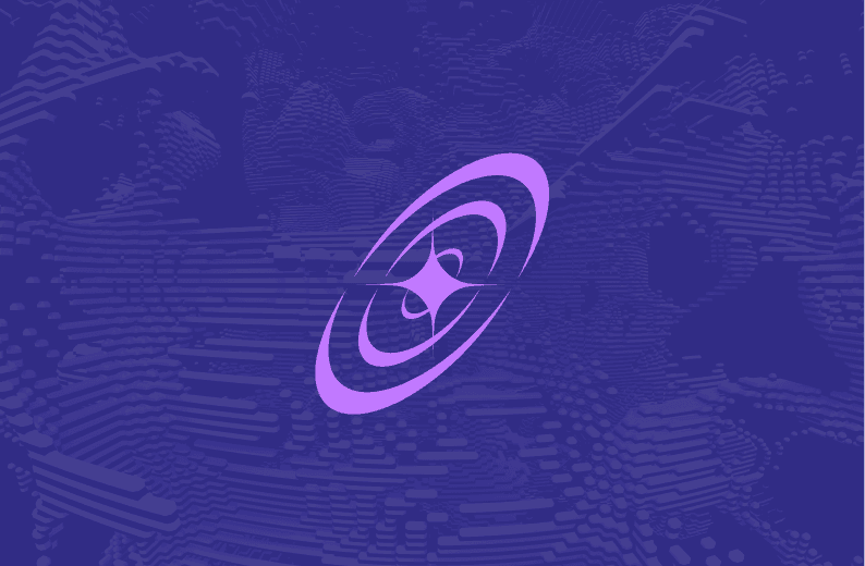Abstract rotating orbital symbol in purple tones, centered on a voxel-style textured background.