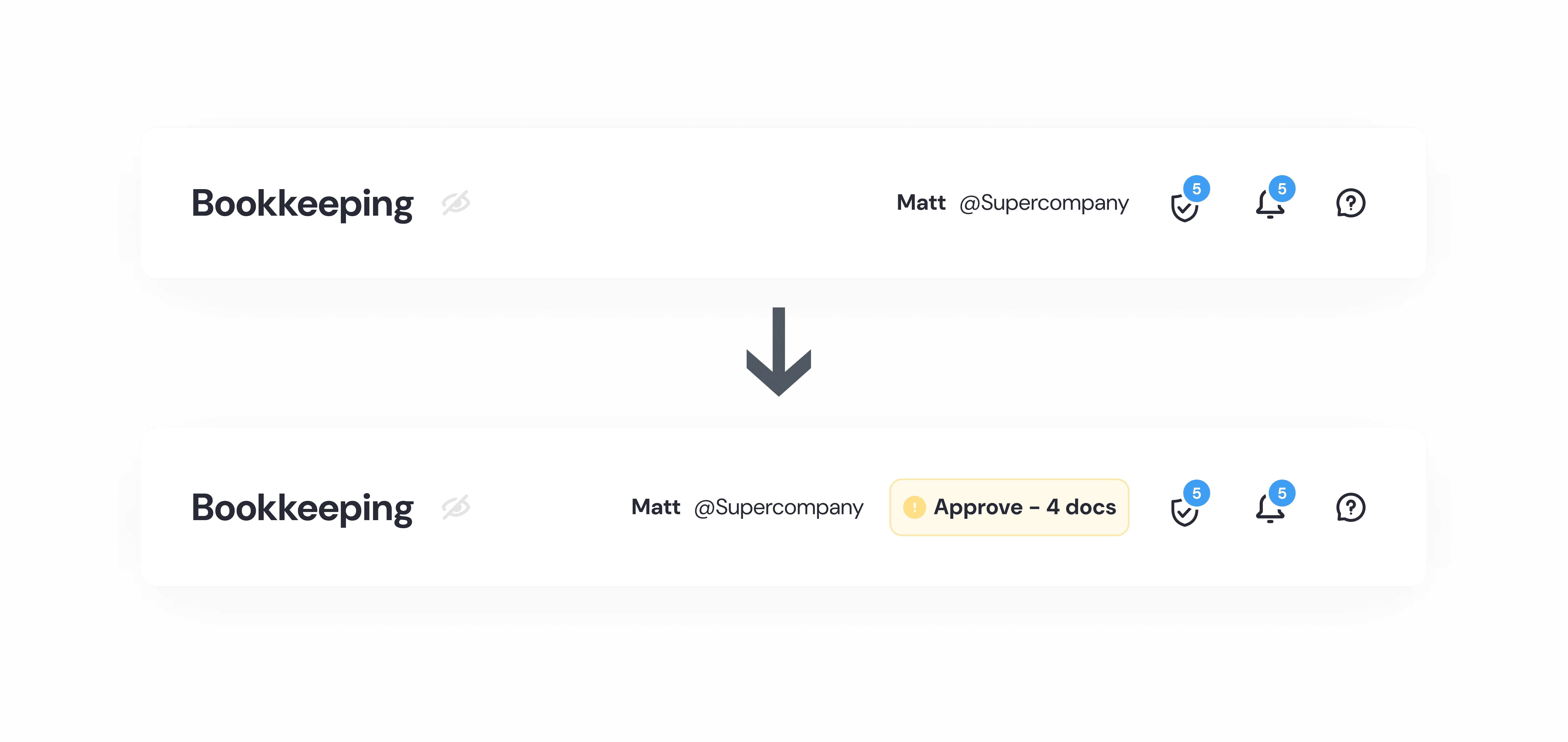 Before and after: header without approval indicator changed to include visible 'Approve - 4 docs' badge for pending approvals awareness