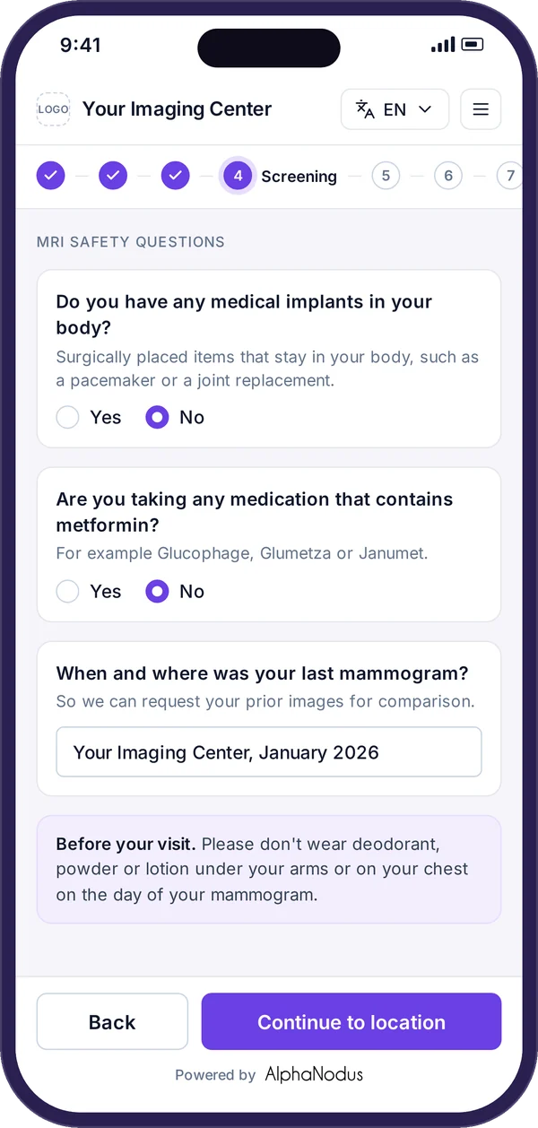Gravity Visit on a phone: MRI safety screening questions and exam prep before the visit