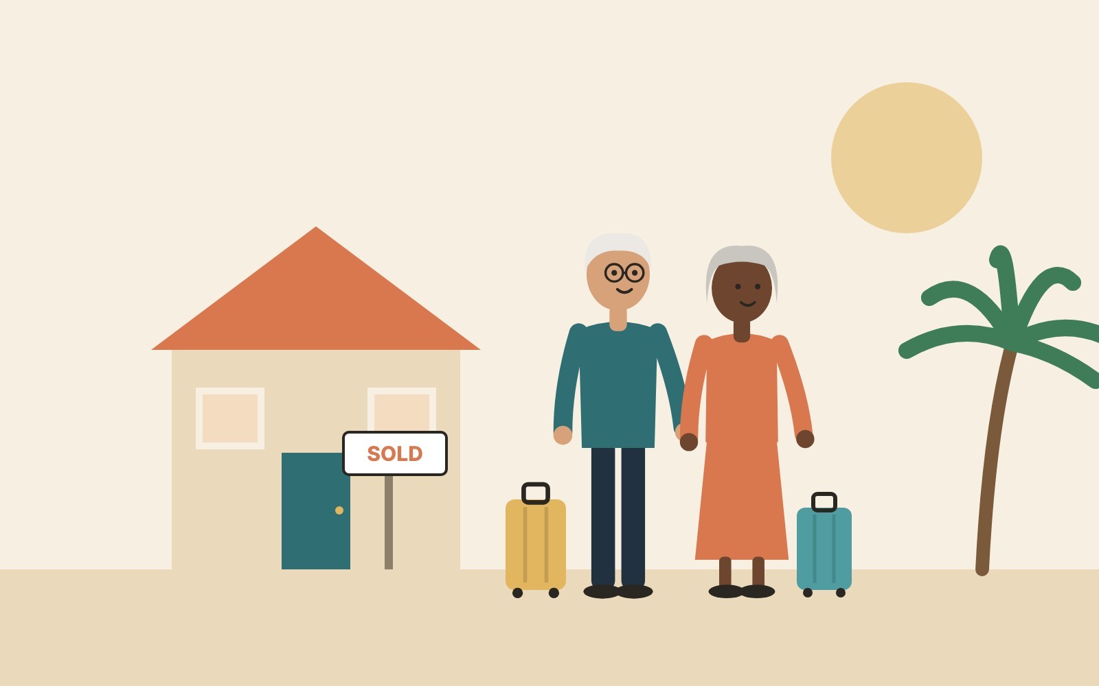 Illustration: an older couple with suitcases outside a house with a sold sign