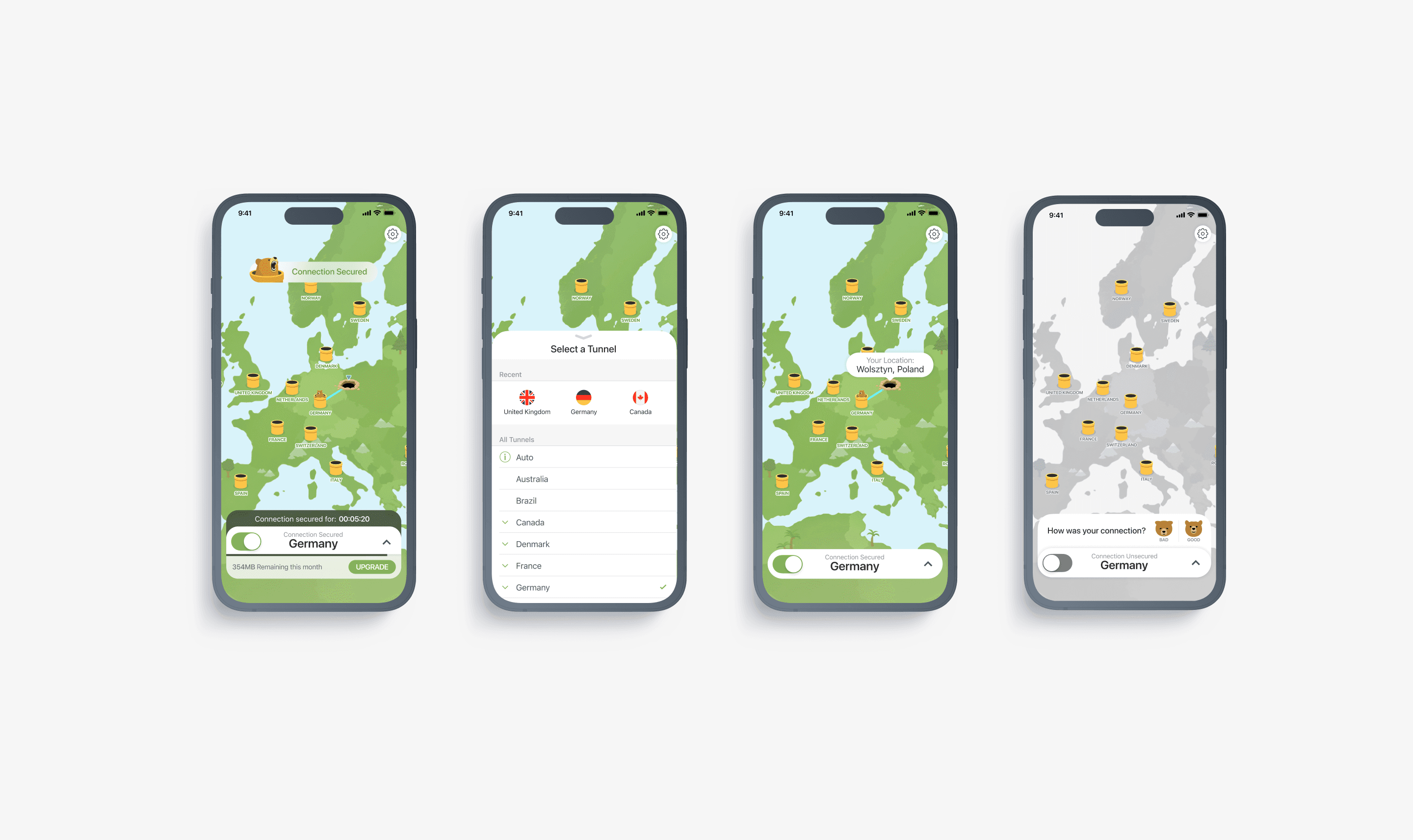 4 screenshots of the tunnelbear iOS app