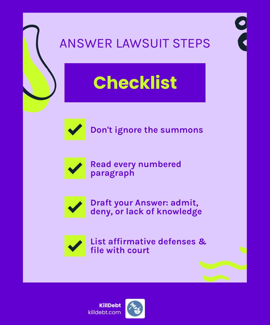Infographic showing 20-30 day credit card lawsuit response timeline and answer steps infographic