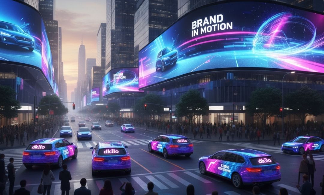 dKilo-branded cars driving through a busy city intersection surrounded by large digital billboards displaying “Brand in Motion” campaigns.