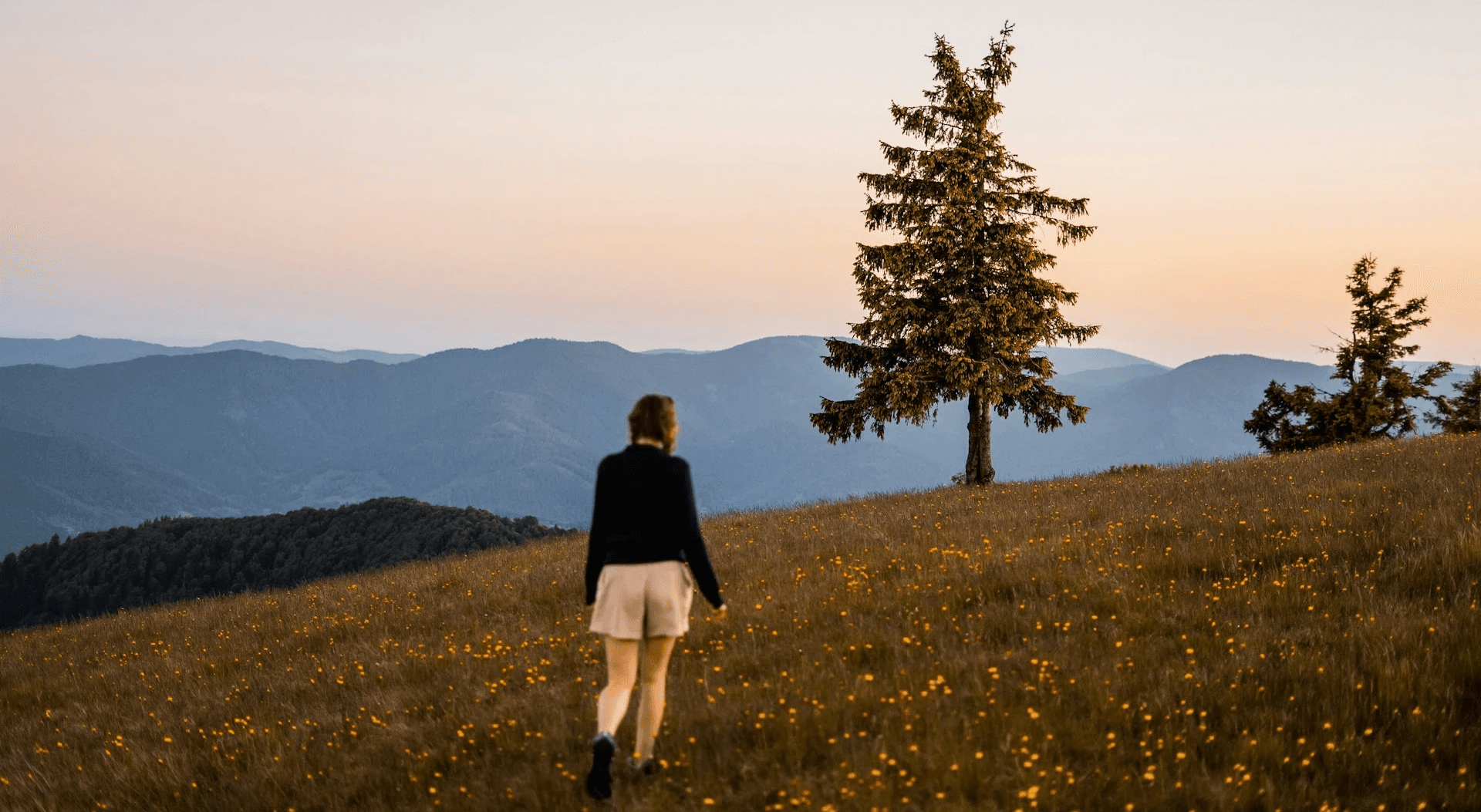 Woman walking alone in nature at sunset, symbolizing reflection and emotional healing