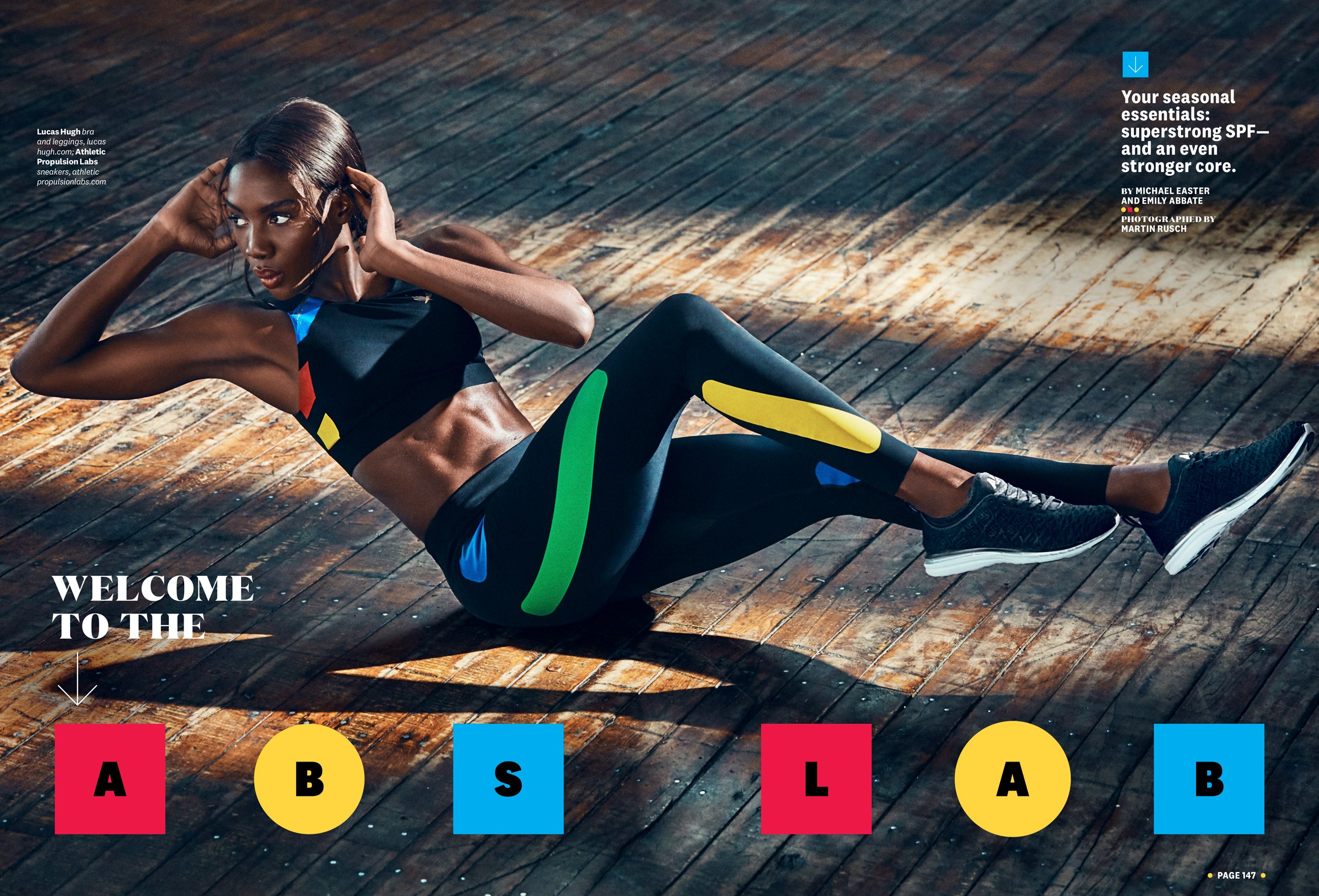 Fashion spread of a model working out in atheltic workout outfit in a warehouse with hardwood floor.