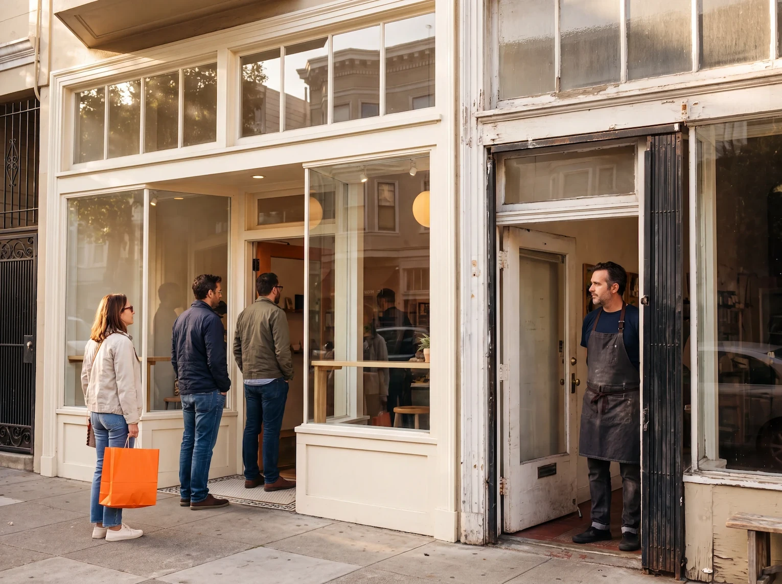 A queue of customers waiting outside a bright, busy shopfront while the owner of the shop next door stands alone in his empty doorway, representing why some businesses earn visitors and others don’t