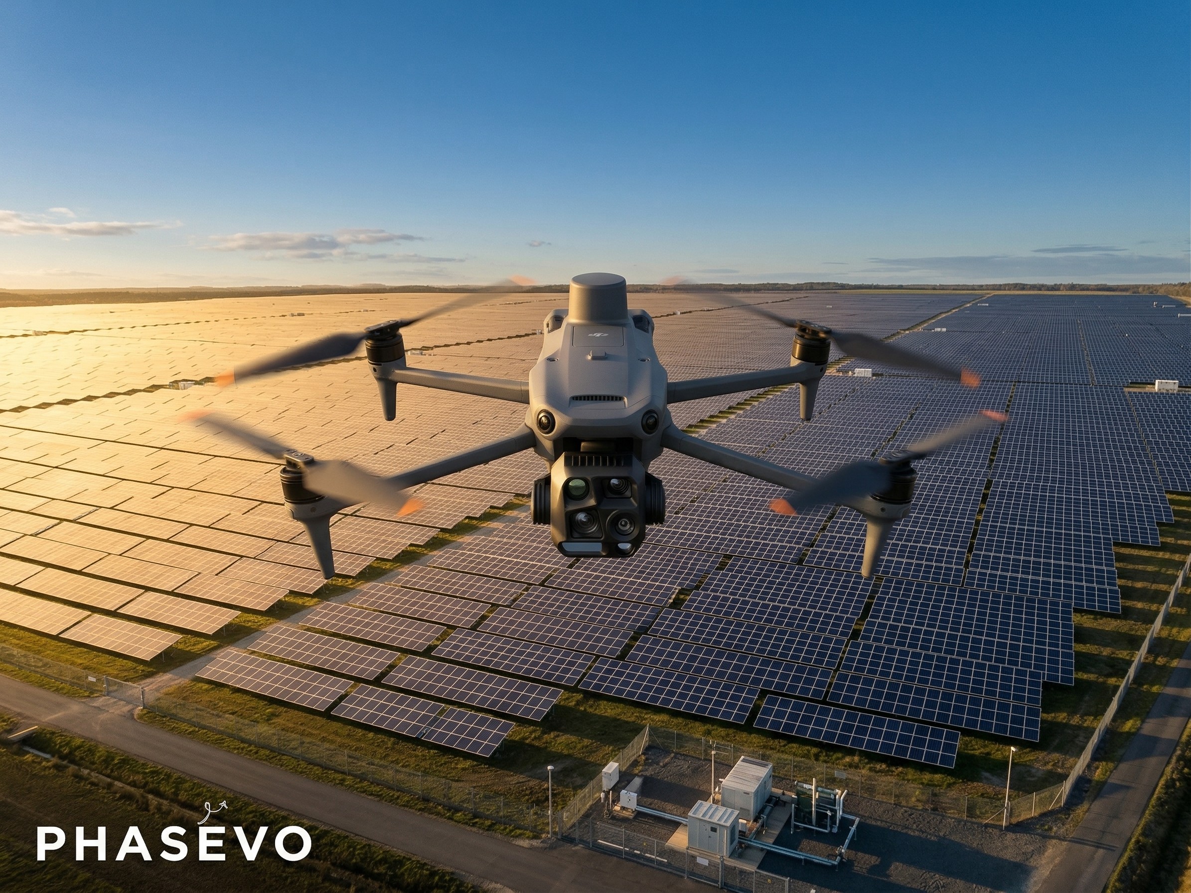 Drone industriel en vol au-dessus d'un parc photovoltaïque — inspection thermique et visuelle par drone certifié EASA, Phasévo Hauts-de-France et Île-de-France