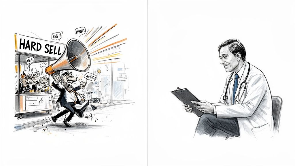 Illustration contrasting 'hard sell' tactics with a loud marketer, and a calm, consultative doctor.