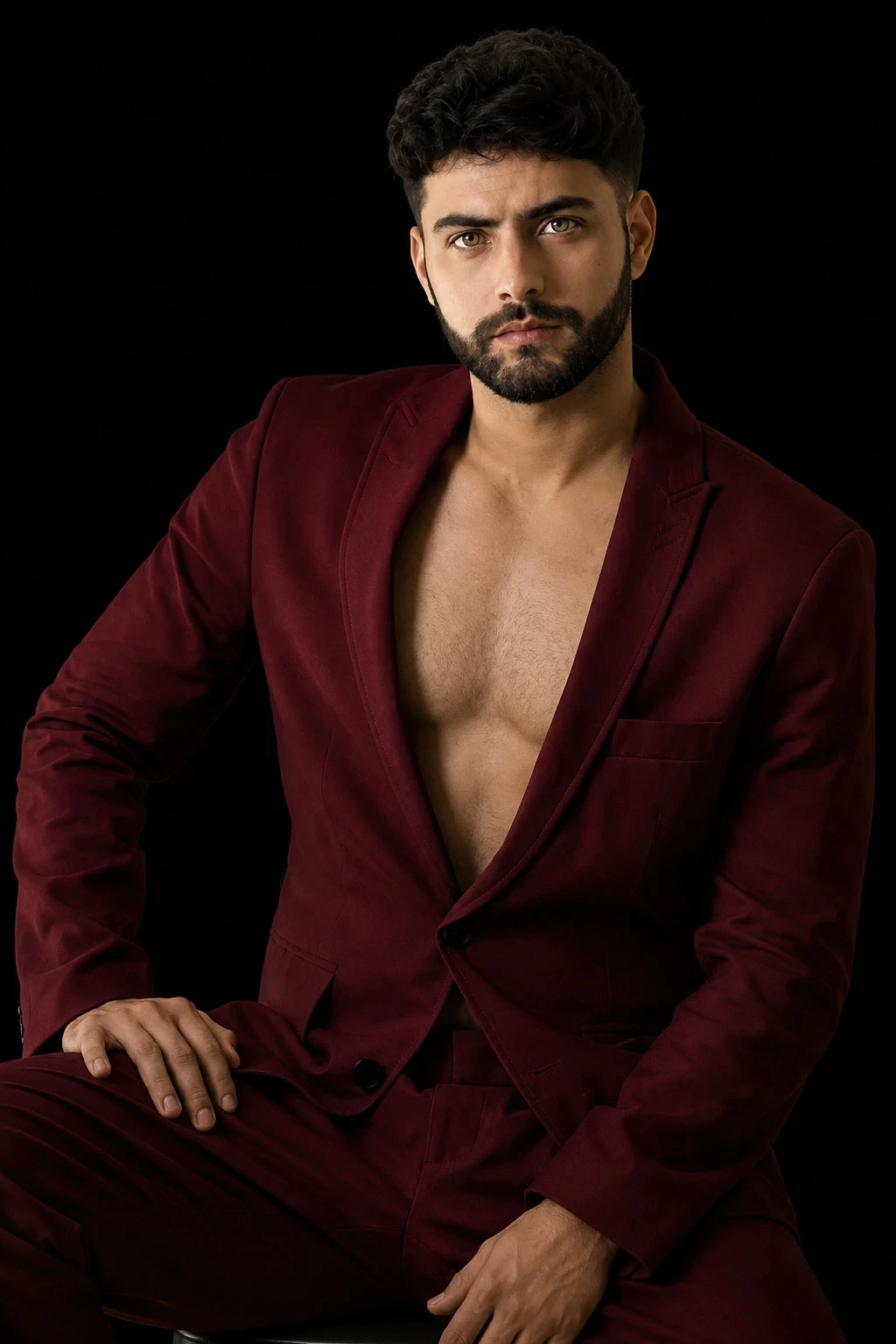 Danilo Paris seated in a deep burgundy suit against a black backdrop