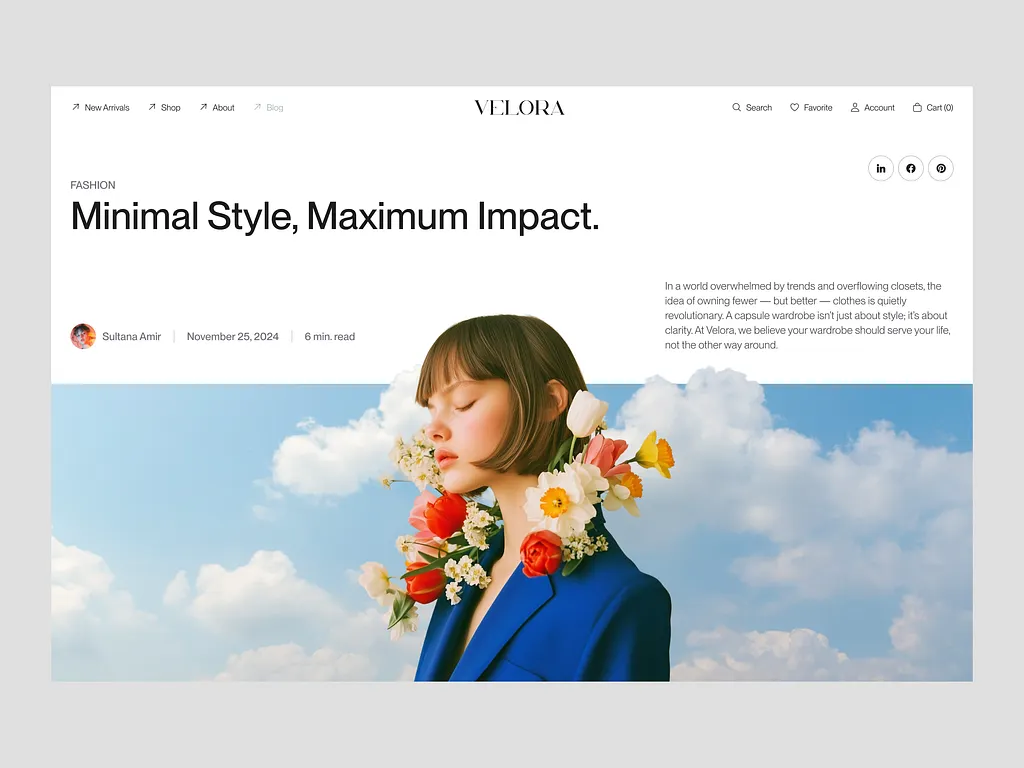 Fashion blog article layout for Velora featuring a model in a blue blazer with floral styling under the headline “Minimal Style, Maximum Impact.”