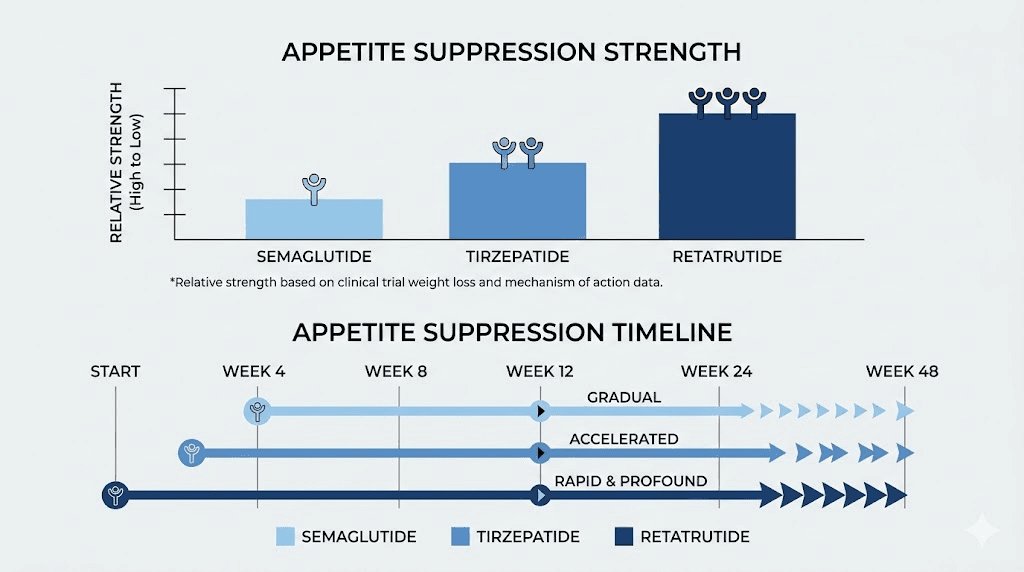 Retatrutide vs semaglutide vs tirzepatide appetite suppression comparison