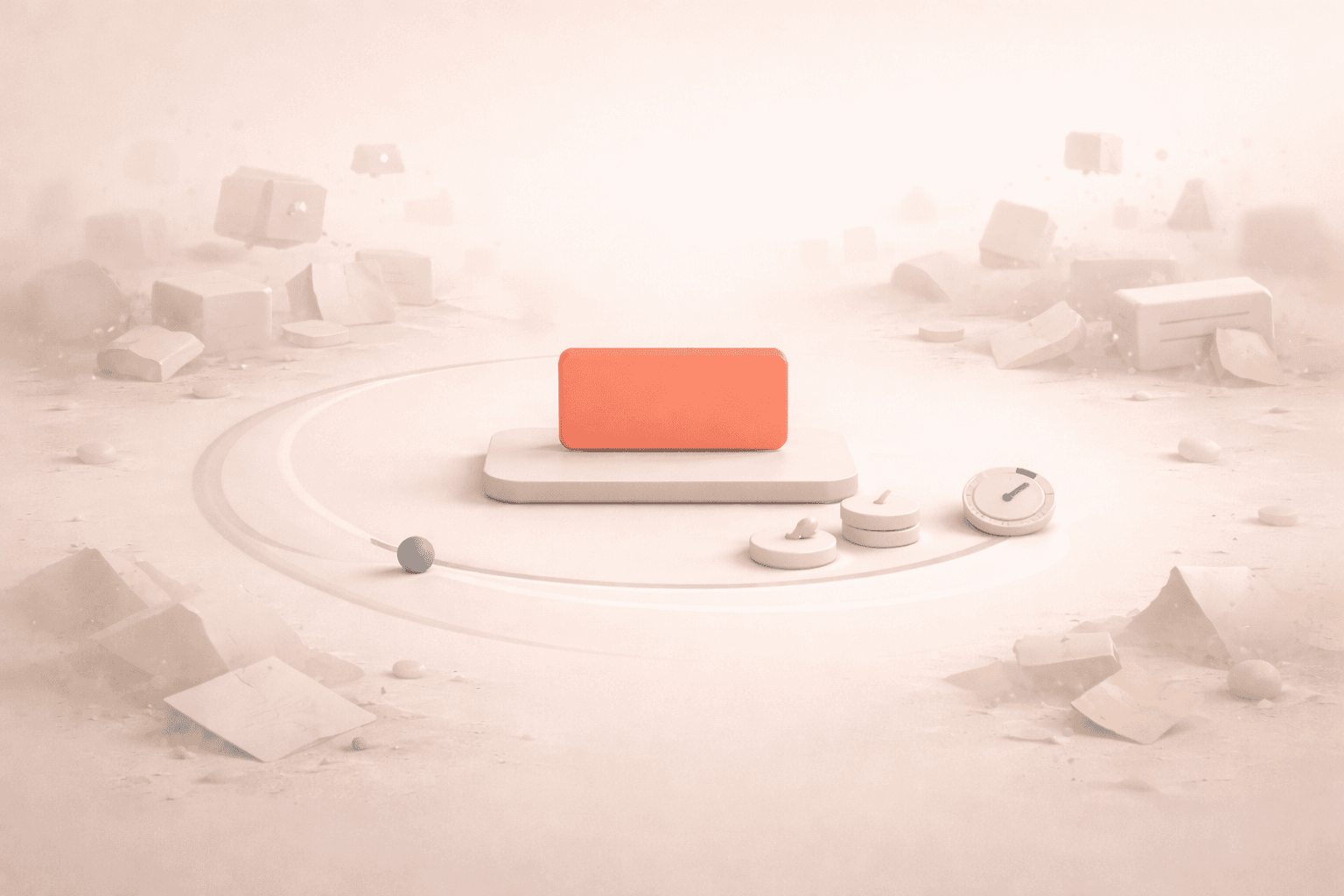 Minimalistische 3D-Illustration einer korallfarbenen Fokuskarte auf einer kleinen, stabilen Plattform, umgeben von verblassenden Fragmenten und sanften Störelementen, während ein klarer, geschützter Pfad sowie ein Timer-Ring und wenige zentrale Aufgaben-Elemente Stabilität und Fokus in einer unruhigen Umgebung symbolisieren.