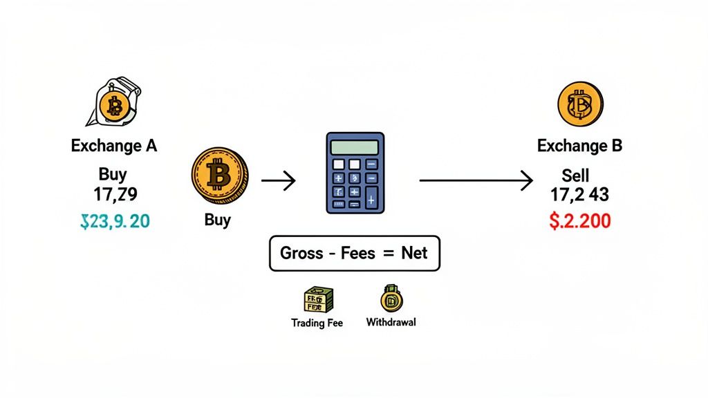 Diagram showing Bitcoin arbitrage, buying on Exchange A and selling on Exchange B, calculating net profit after fees.