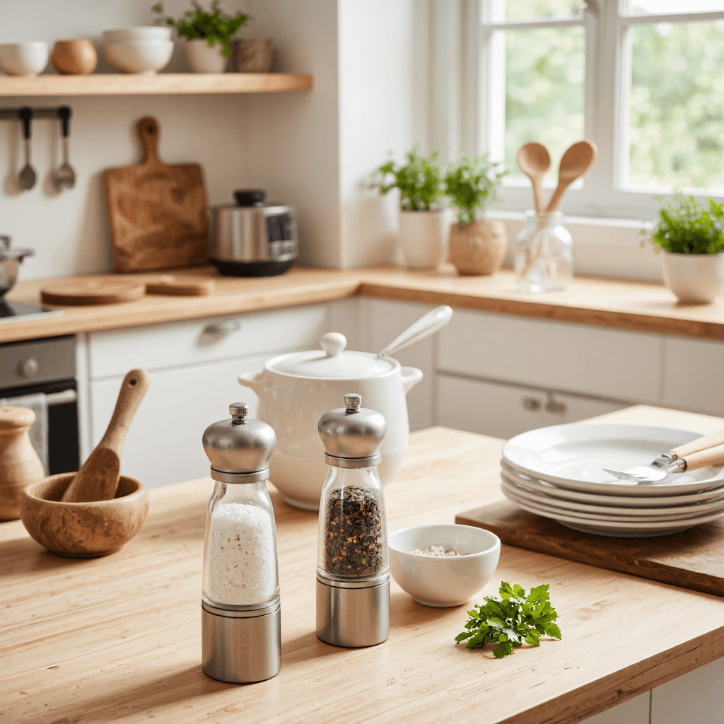 product photography of A set of salt and pepper grinders