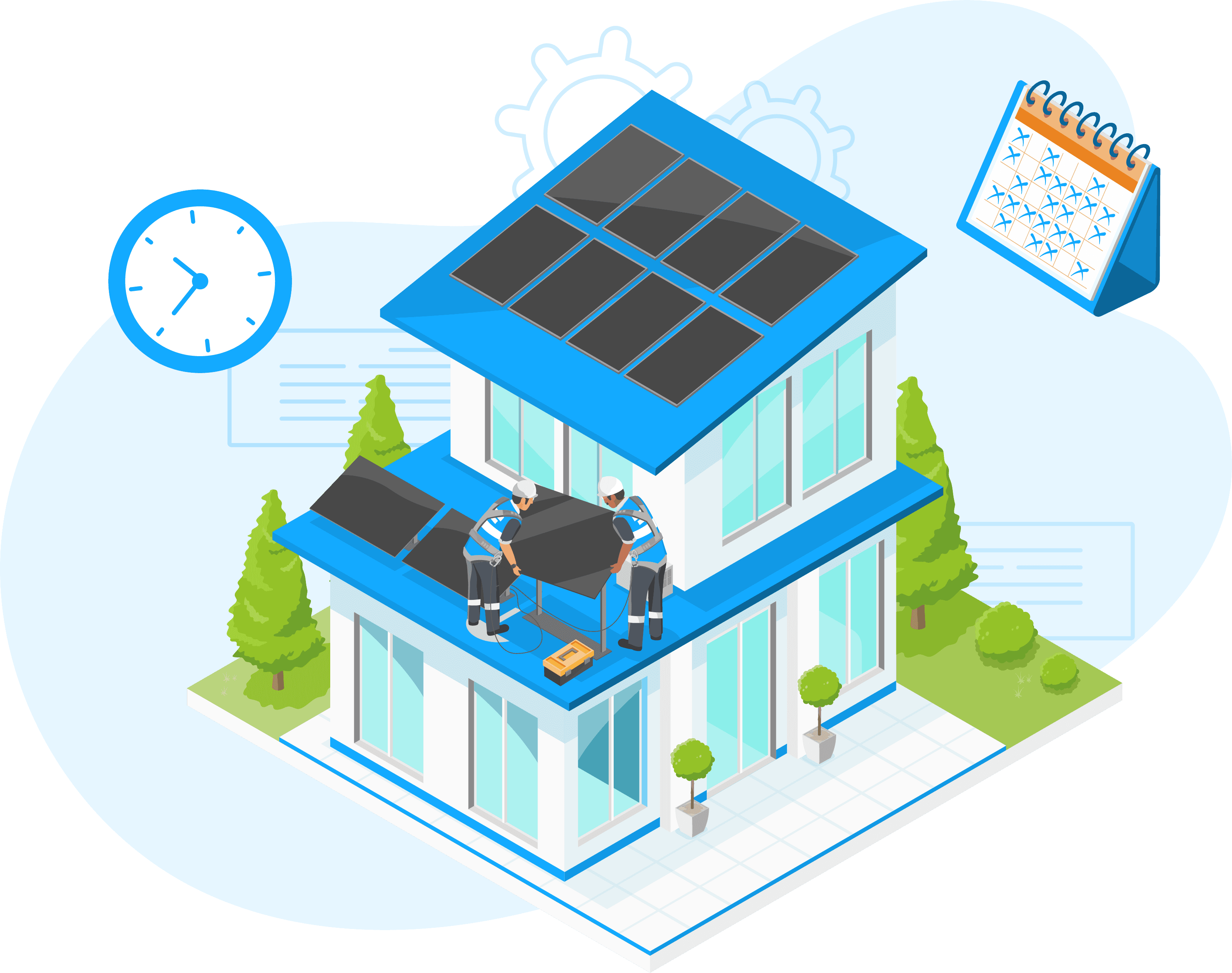 An image of a home with solar panels being installed on it and a calendar depicting the increased efficiency of teams obtaining work from the Genie platform