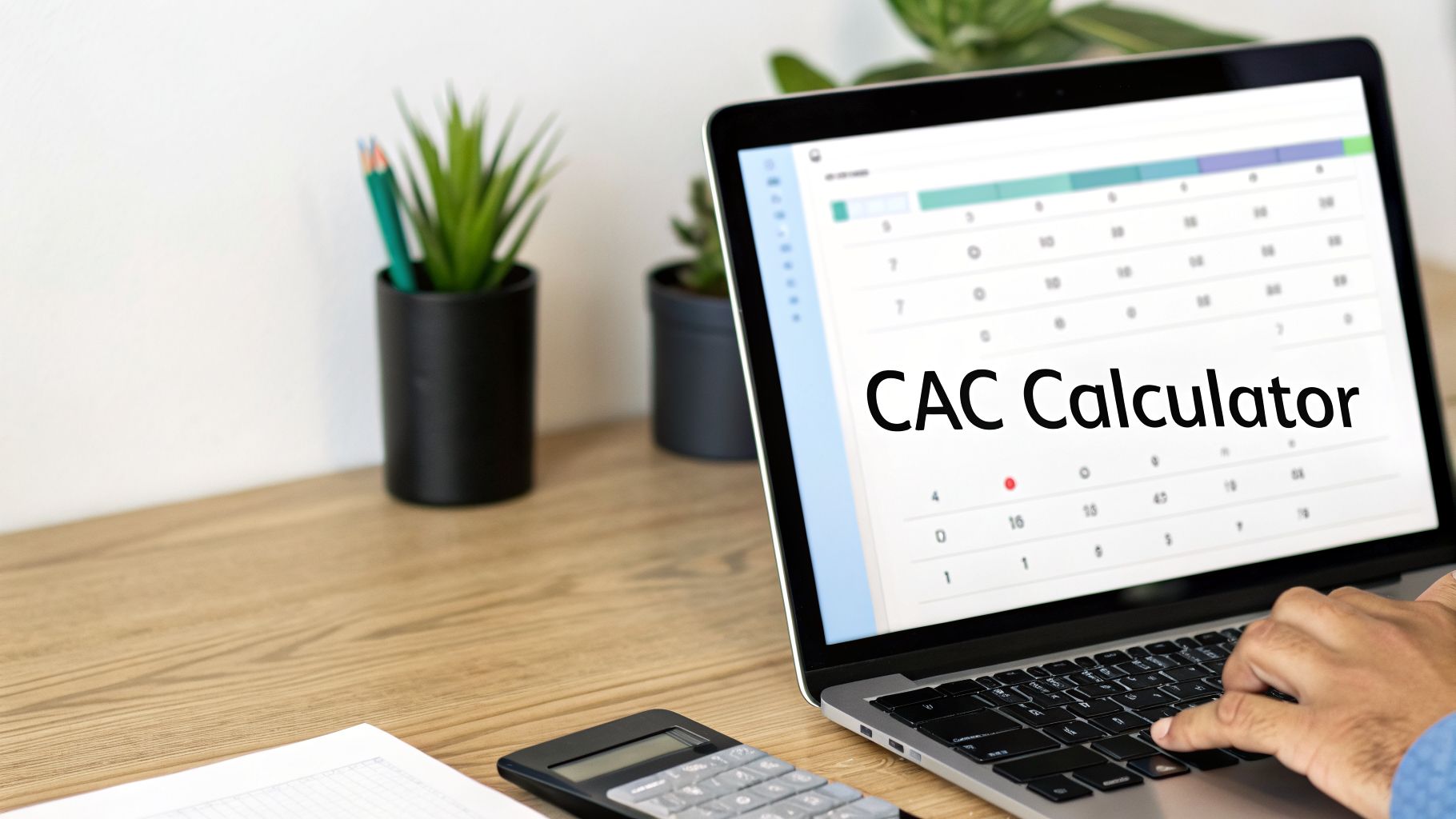 Person using a laptop displaying 'CAC Calculator' on the screen, with a physical calculator on a wooden desk.