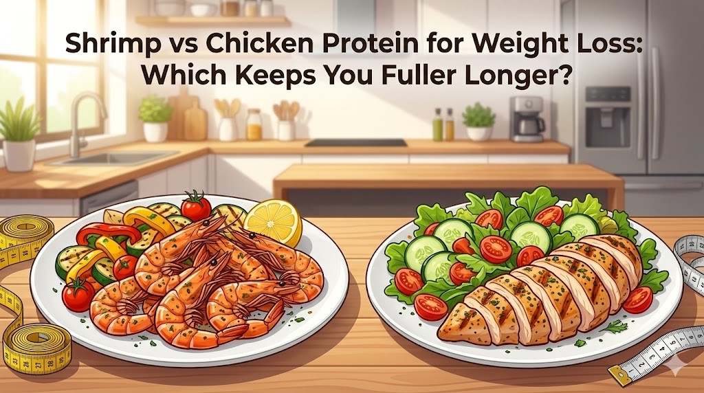 A health magazine illustration comparing a plate of grilled shrimp with lemon and grilled vegetables to a plate of sliced grilled chicken breast over a fresh green salad, with a measuring tape in a modern kitchen, titled 'Shrimp vs Chicken Protein for Weight Loss: Which Keeps You Fuller Longer?'.