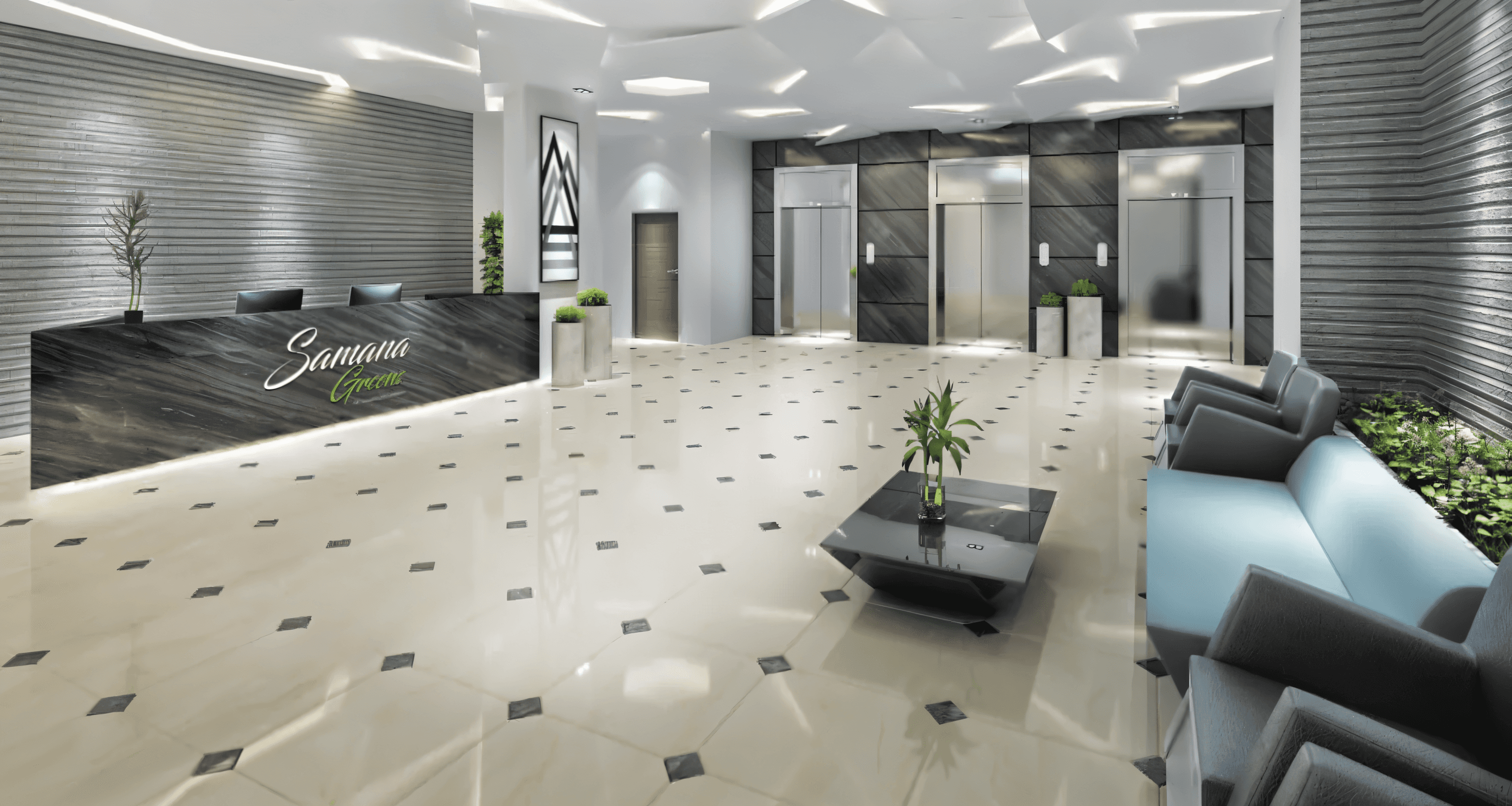 A stylish living room showcasing a couch, coffee table, and television, part of the Samana Greens environment.