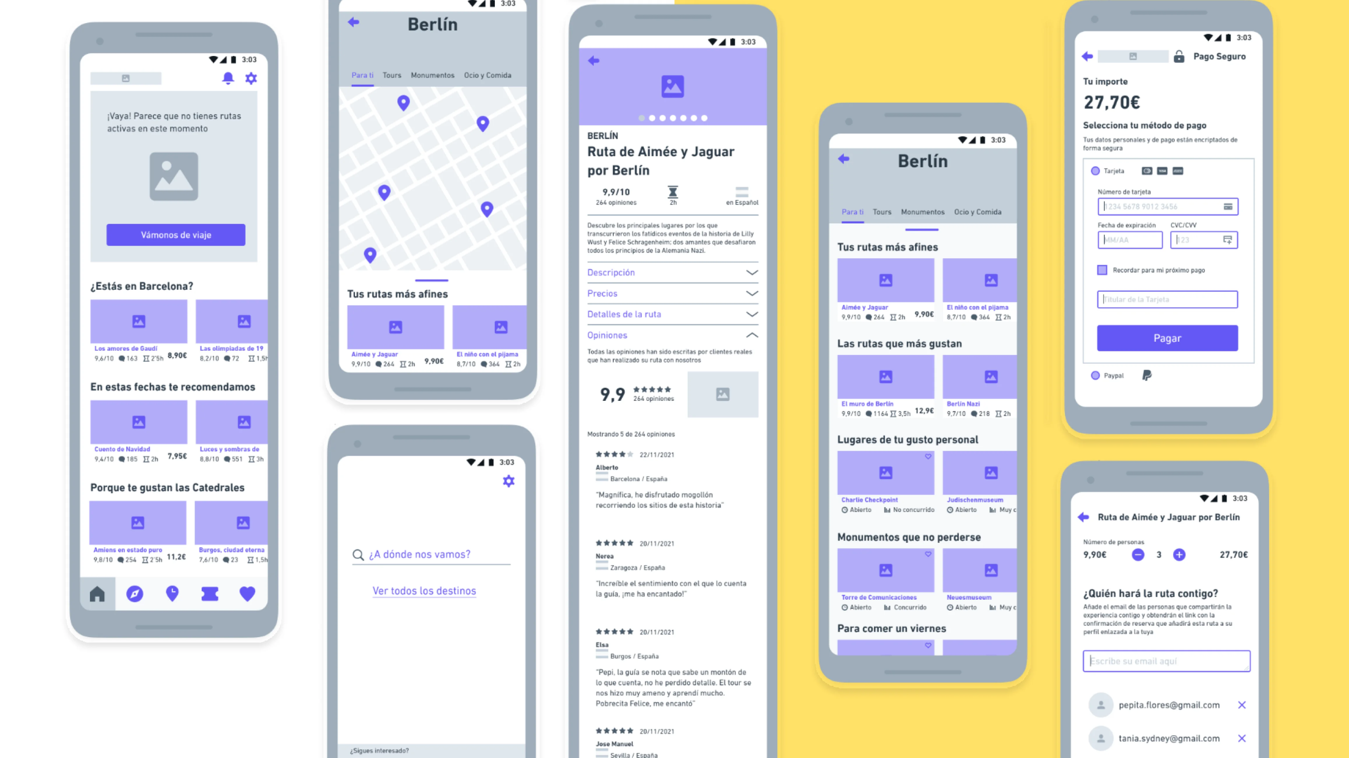 A collection of low fidelity wireframes showing four mobile devices with different screens.